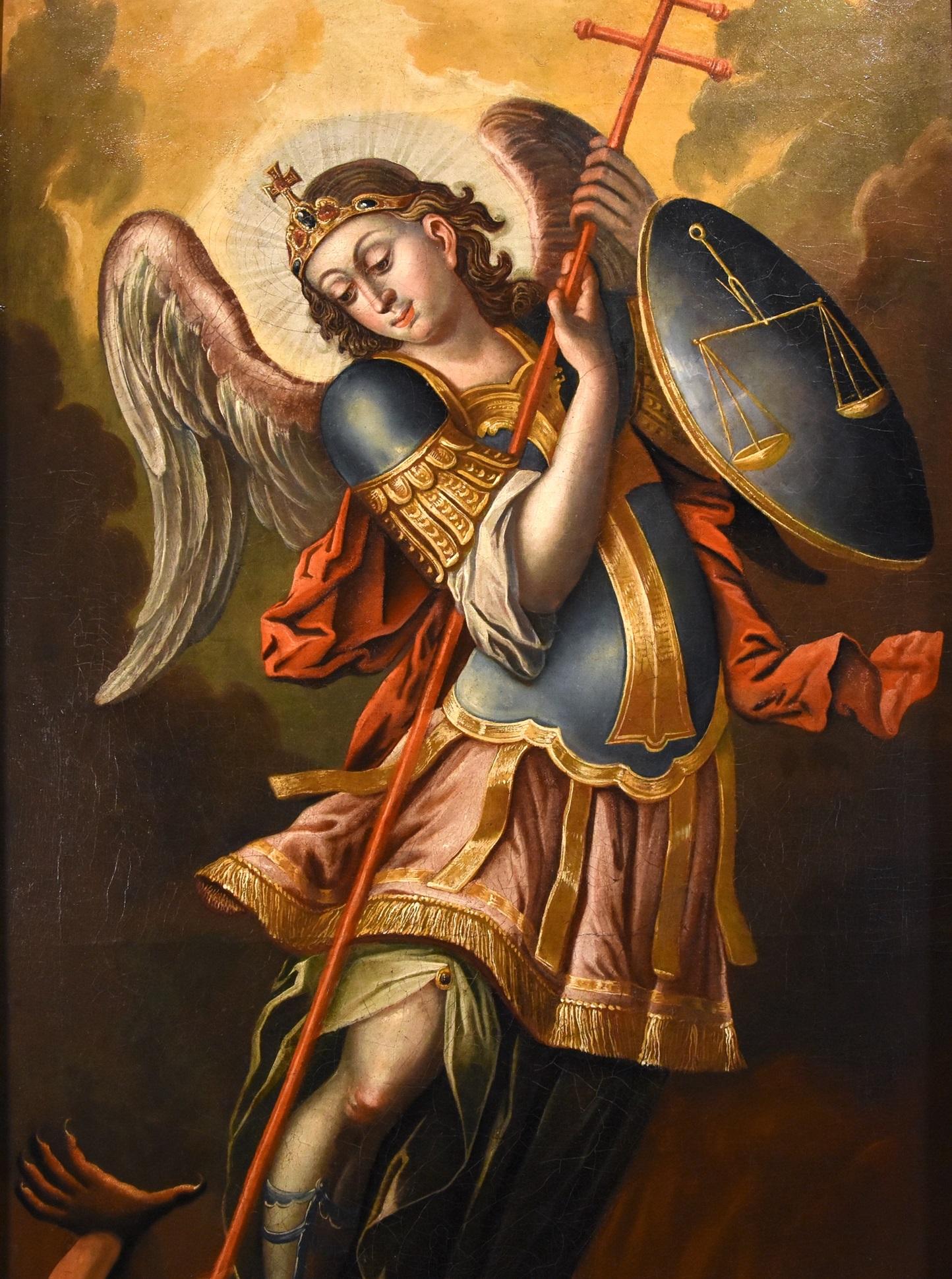 Saint Michael Archangel Spanish School 17th Century Paint Oil on vanvas Spain - Black Portrait Painting by Spanish school of the mid-17th century