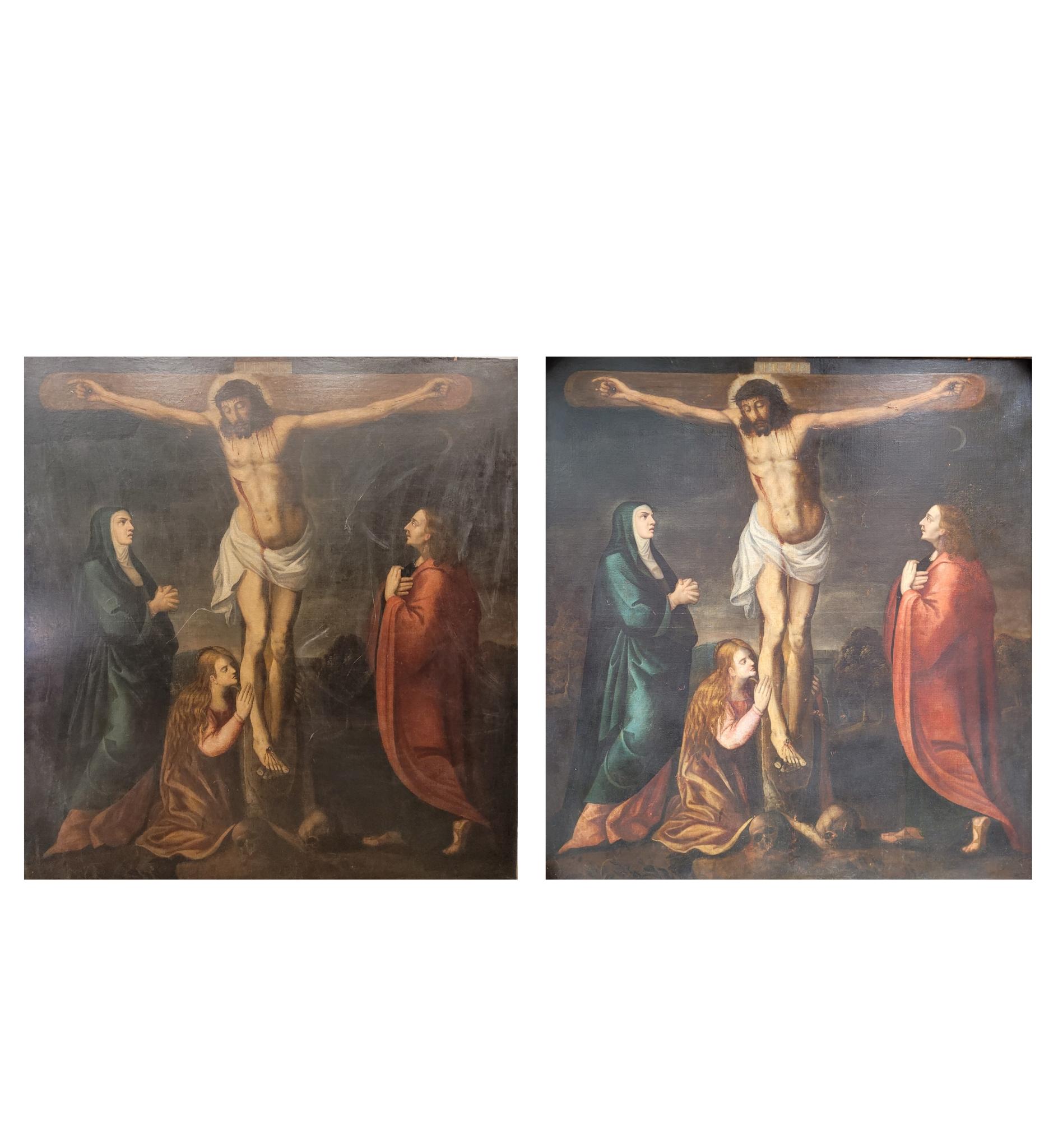 Hand-Painted Spanish school Painting “Calvario”Baroque - Vallisoletana School For Sale