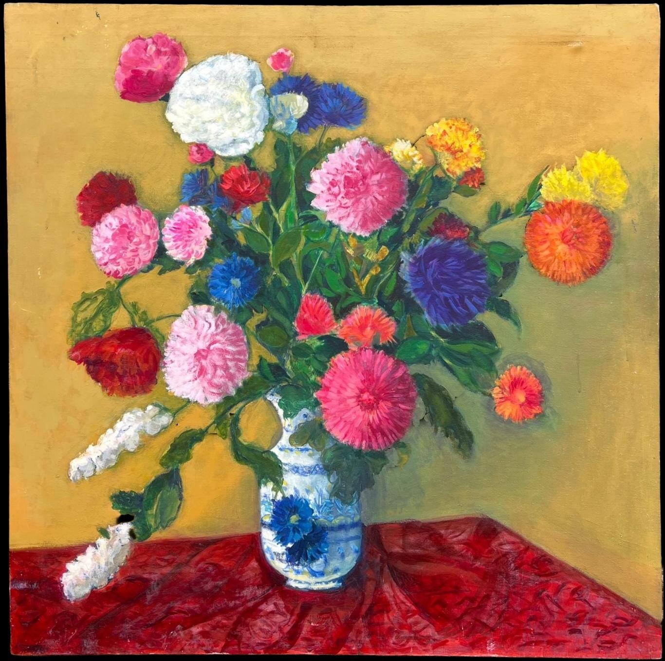 Riesiges Stillleben des 20. Jahrhunderts Helle bunte Blumen in blau-weißer Vase – Painting von Spanish School