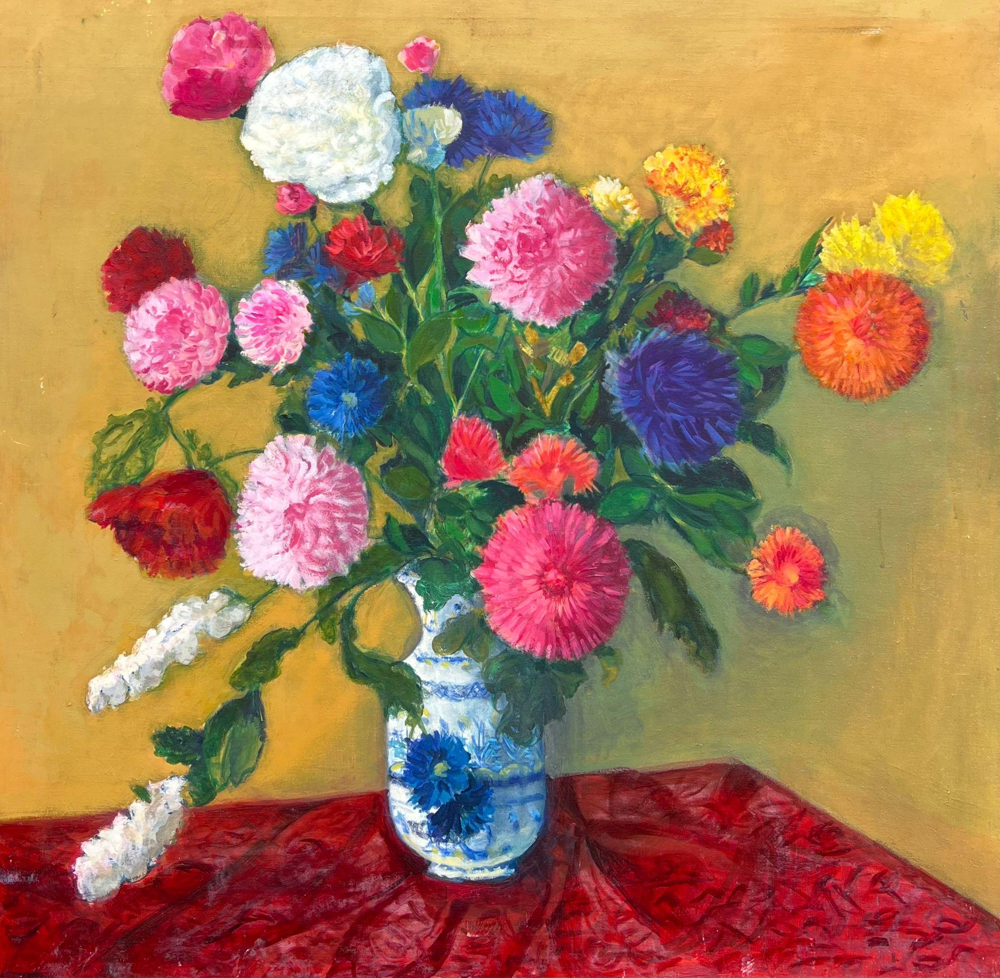 Riesiges Stillleben des 20. Jahrhunderts Helle bunte Blumen in blau-weißer Vase