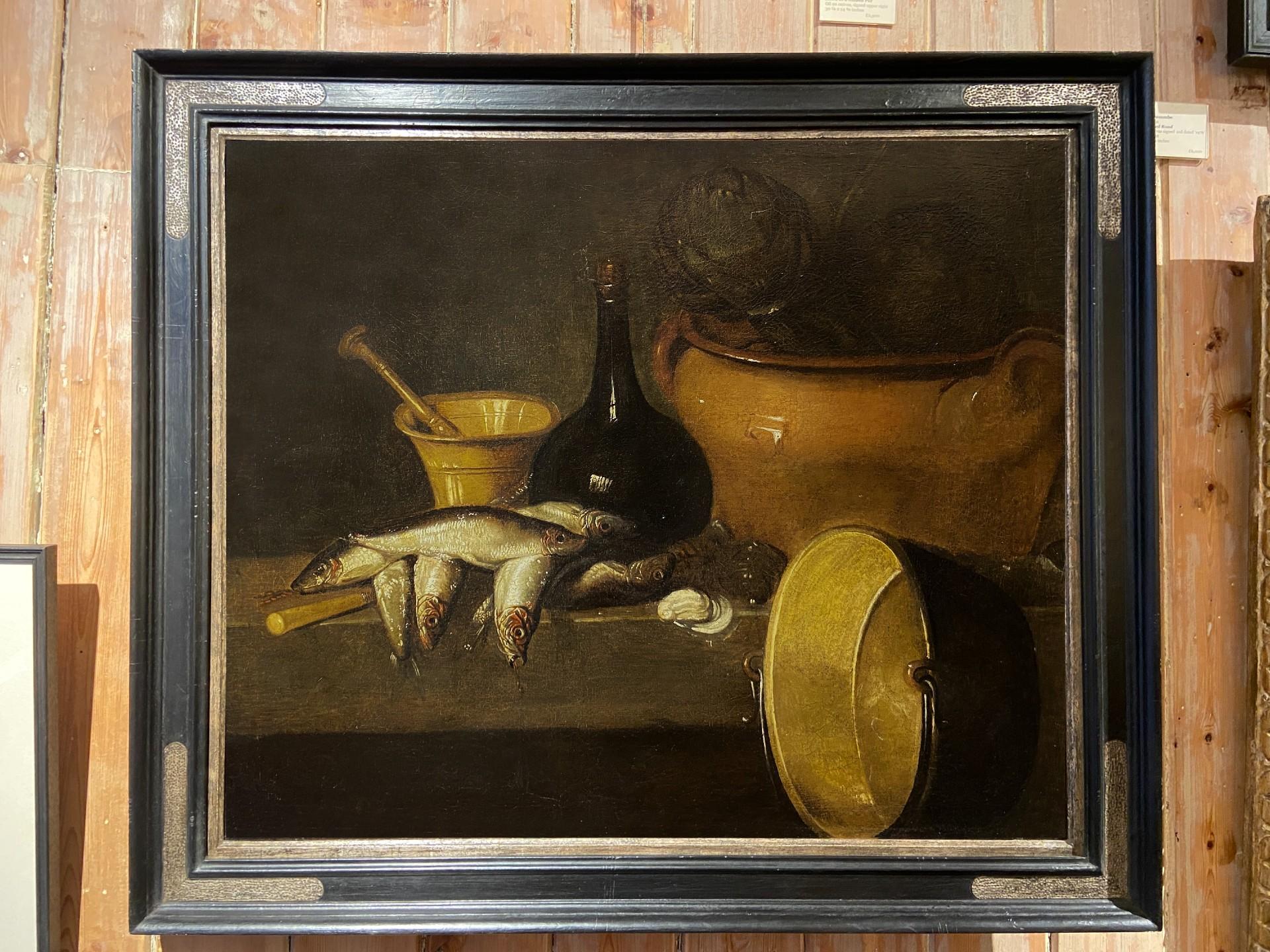 Stillleben mit Fisch und großem Kupfertopf, spanisches Gemälde des späten 18. Jahrhunderts – Painting von Spanish School