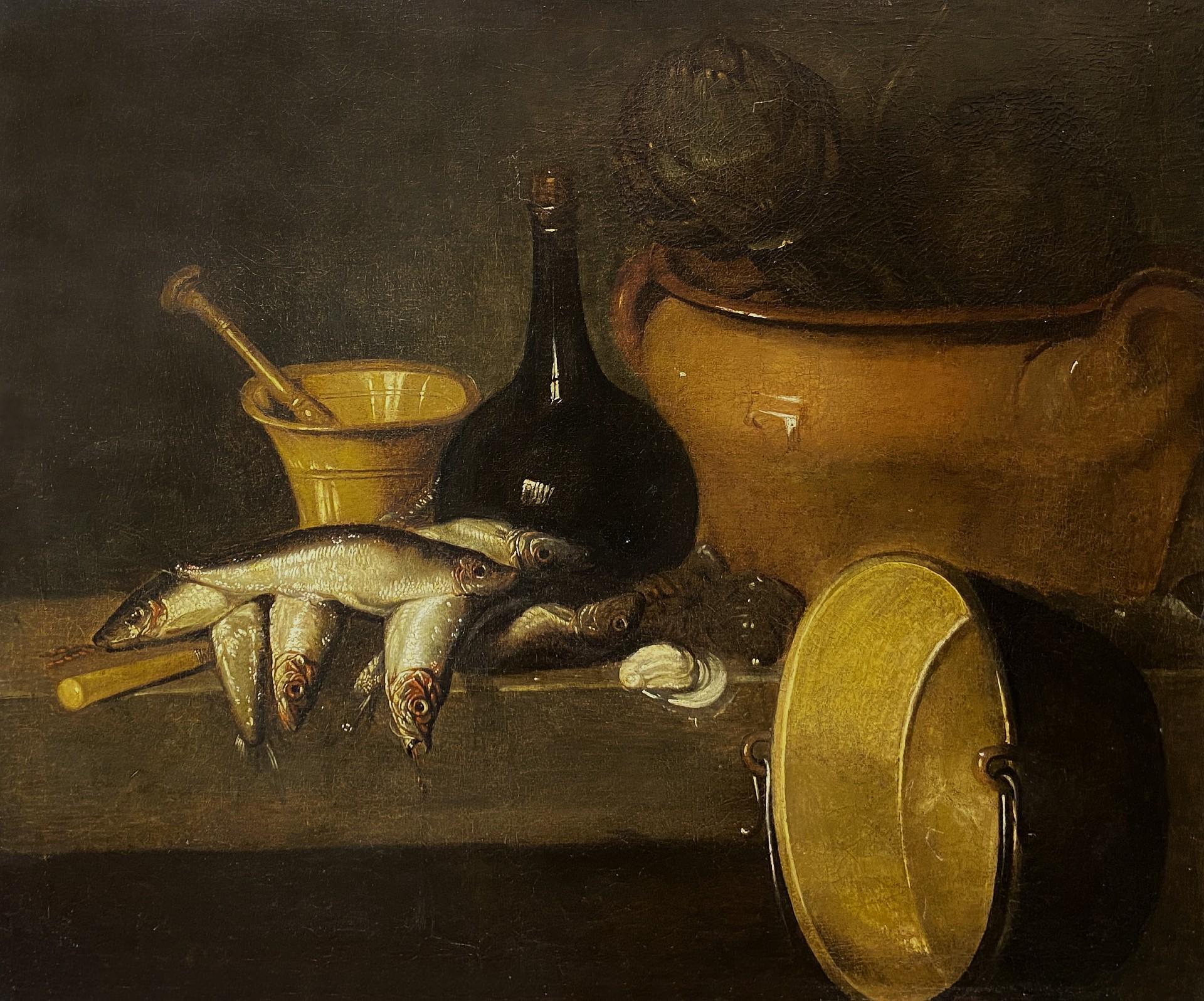 Still-Life Painting Spanish School - Nature morte au poisson et grand pot en cuivre, fin du XVIIIe siècle Peinture espagnole