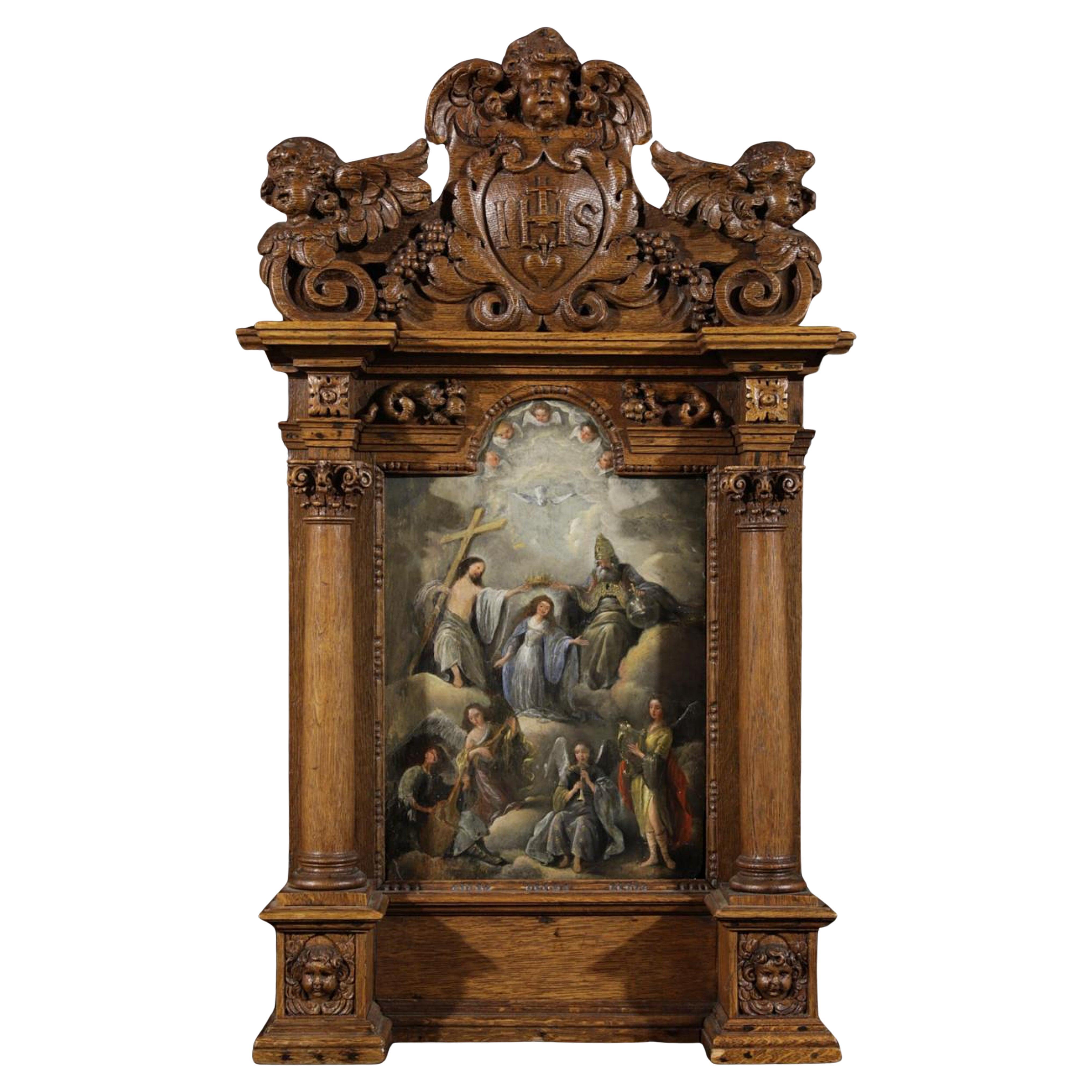 Spanish School Panel Painting, 17th Century "The Adoration of Mary"