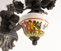 Spanish Sconce Wall Light Lantern Ceramic Opaline Iron & Glass, 20th Mid-C