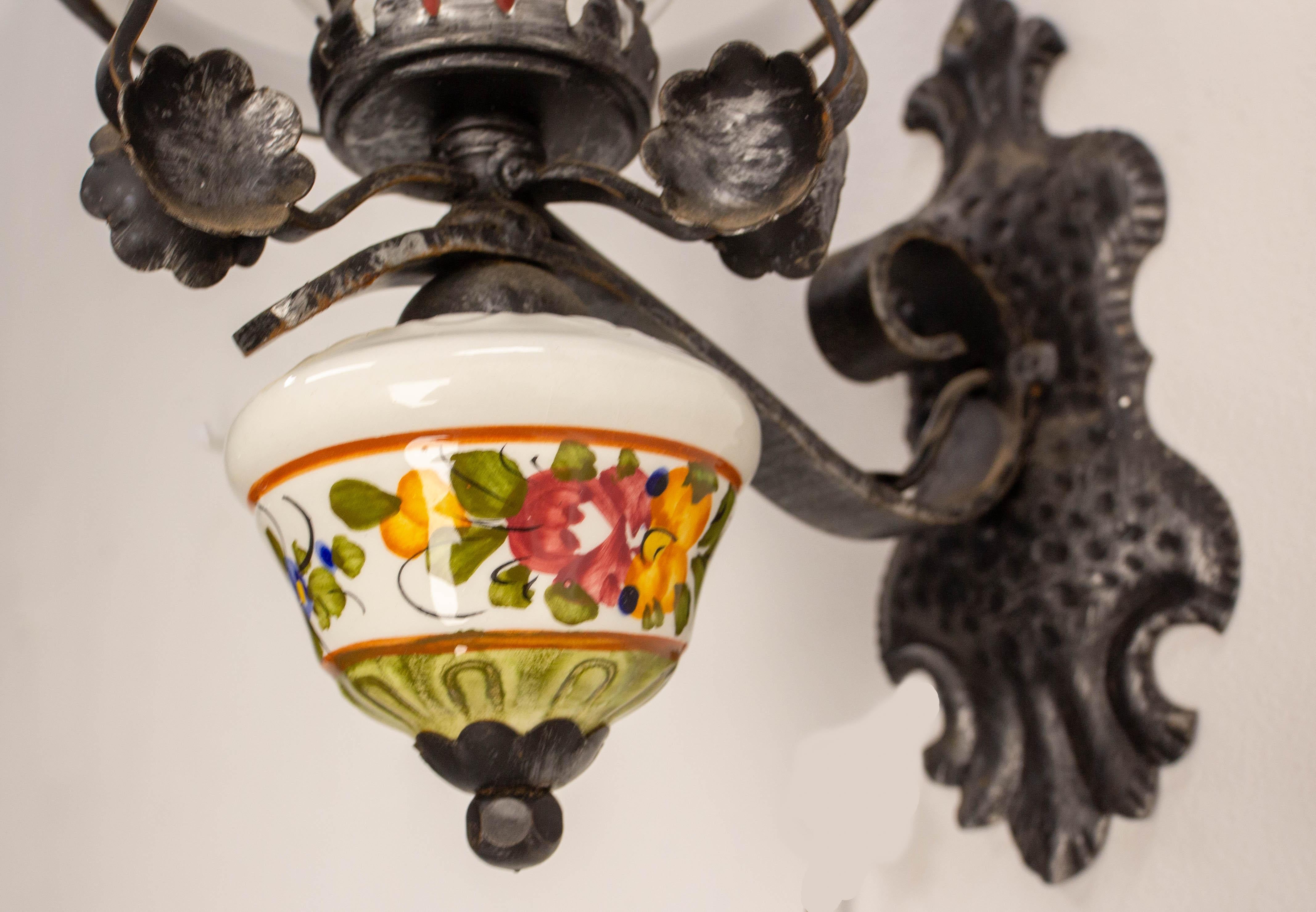 Mid-Century Modern Spanish Sconce Wall Light Lantern Ceramic Opaline Iron & Glass, 20th Mid-C For Sale