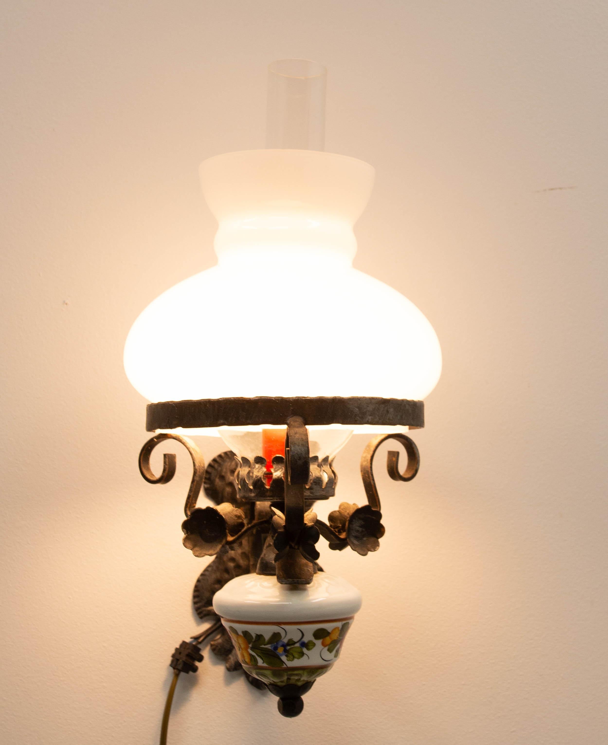 Mid-20th Century Spanish Sconce Wall Light Lantern Ceramic Opaline Iron & Glass, 20th Mid-C For Sale