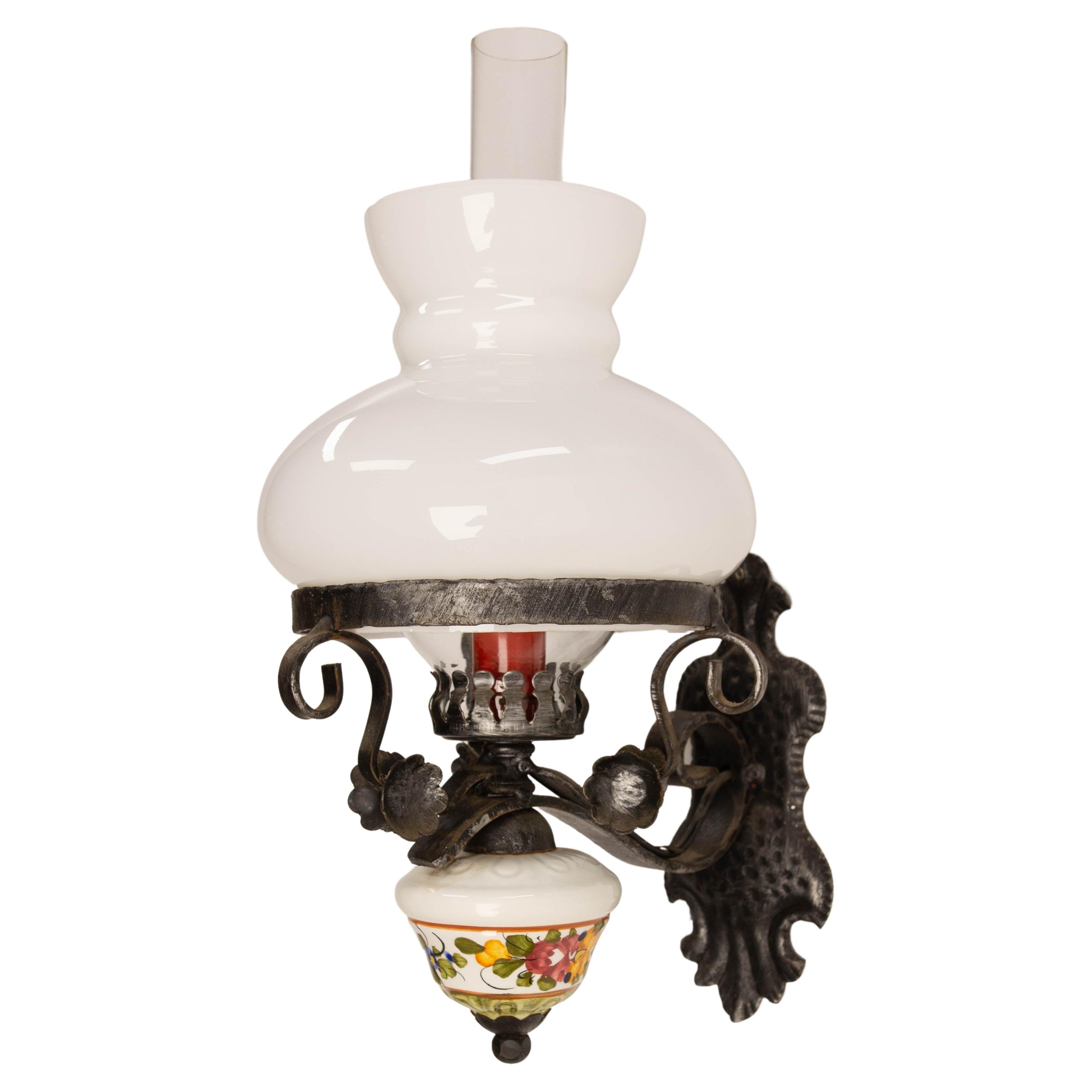 Spanish Sconce Wall Light Lantern Ceramic Opaline Iron & Glass, 20th Mid-C For Sale
