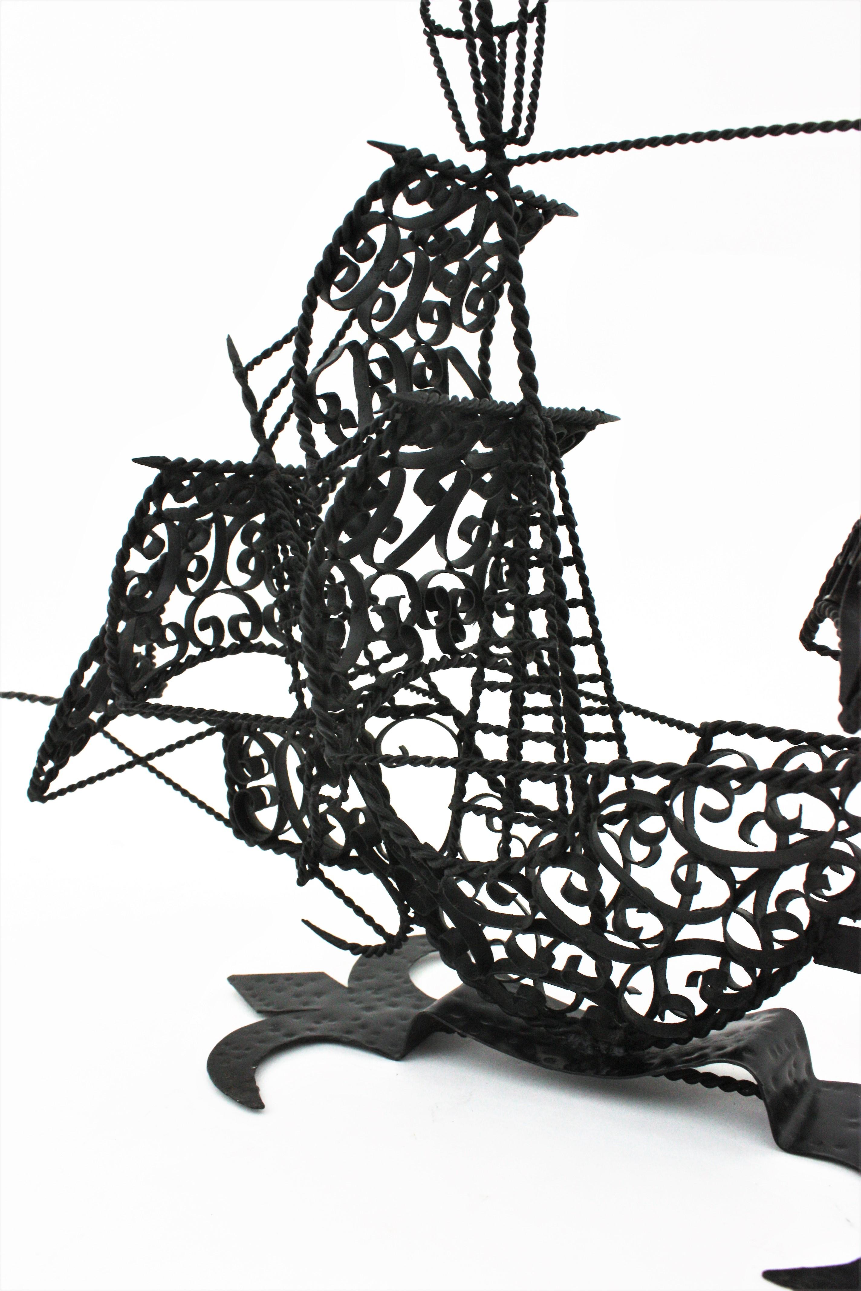 Spanish Scrollwork Iron Galleon / Sailing Ship Sculpture For Sale 1
