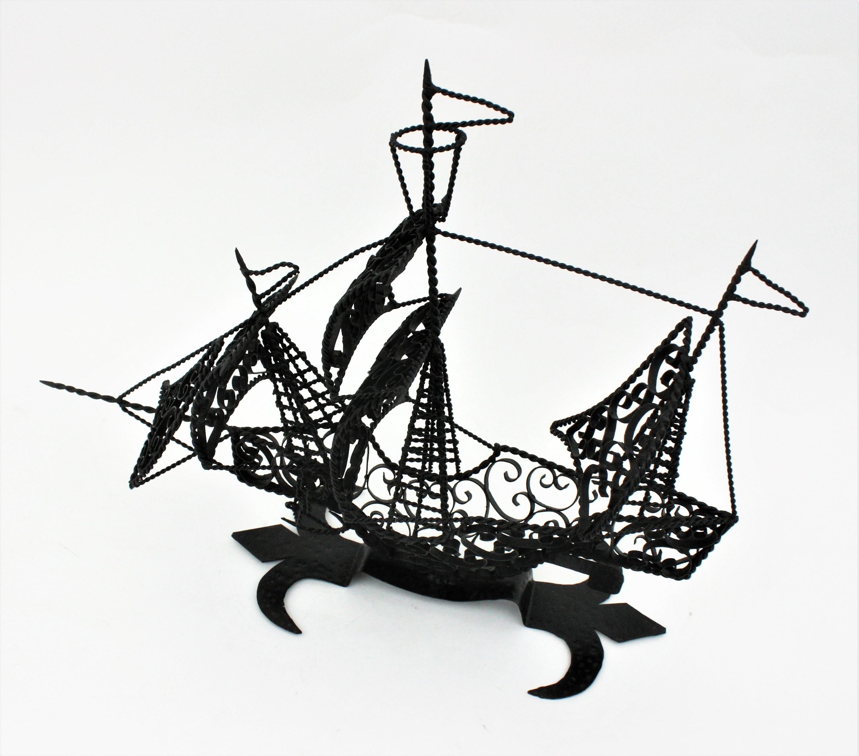 Spanish Scrollwork Iron Galleon / Sailing Ship Sculpture For Sale 2