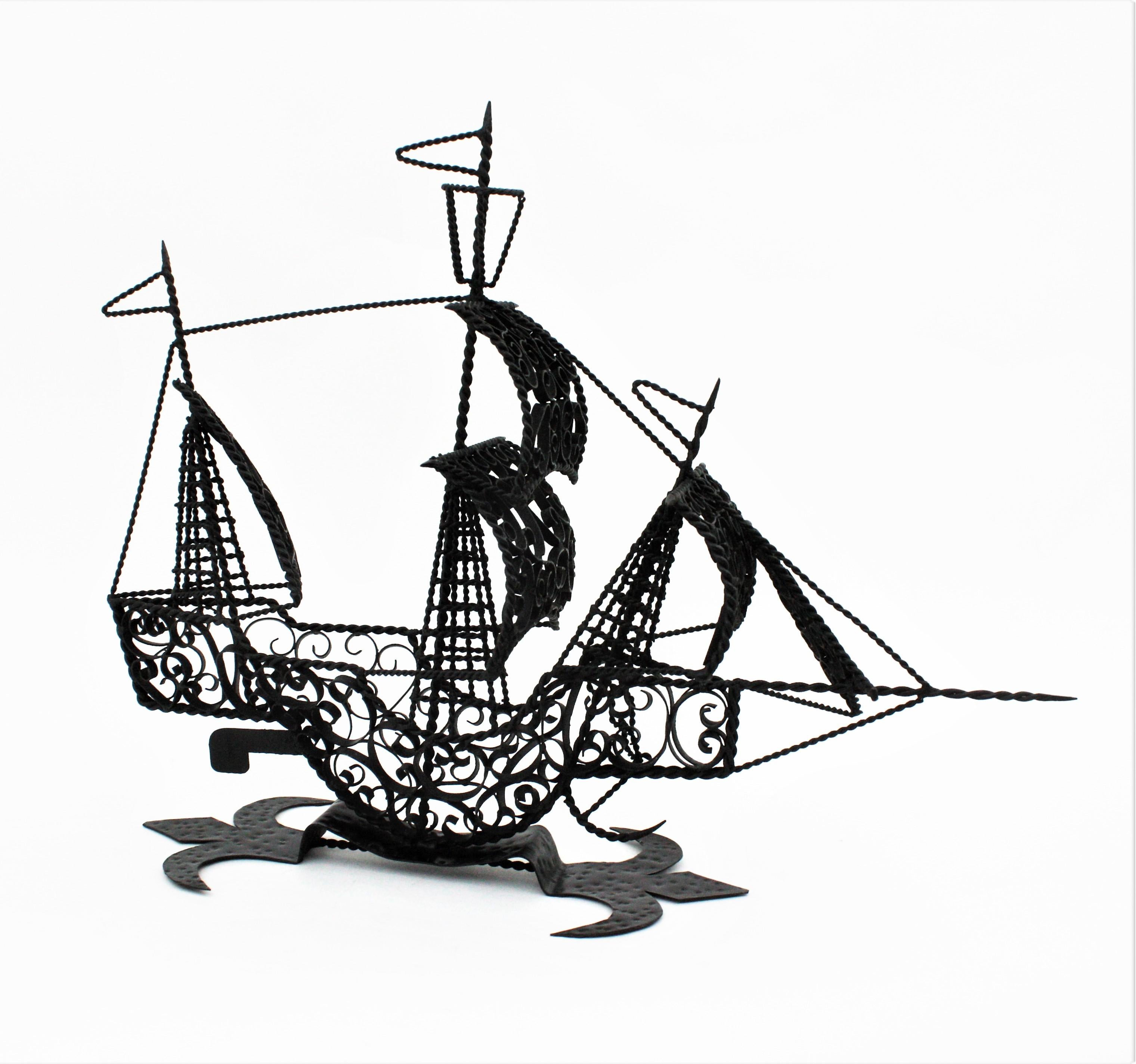 Mid-Century Modern Spanish Scrollwork Iron Galleon / Sailing Ship Sculpture For Sale