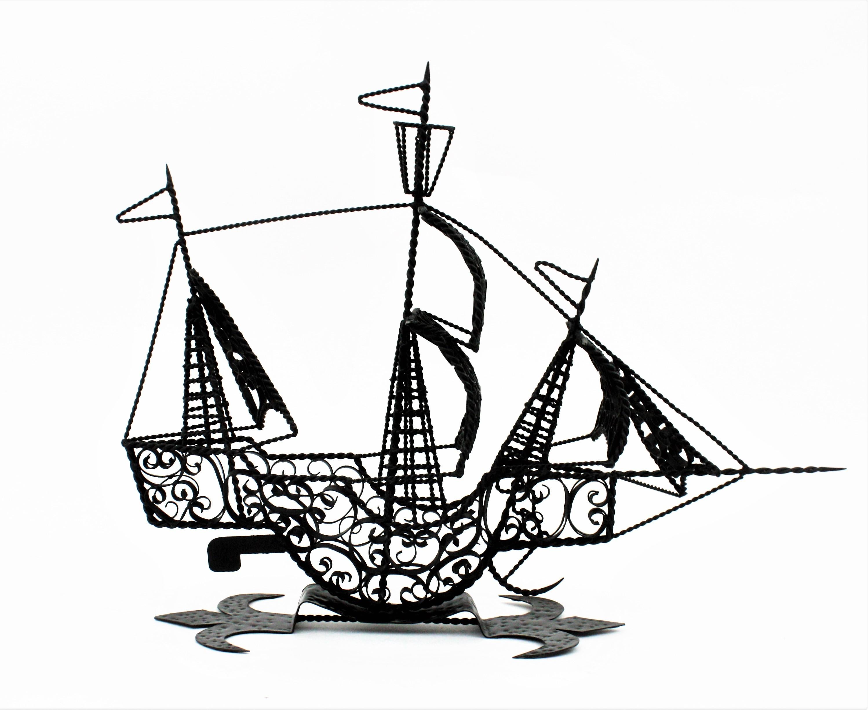 Gilt Spanish Scrollwork Iron Galleon / Sailing Ship Sculpture For Sale