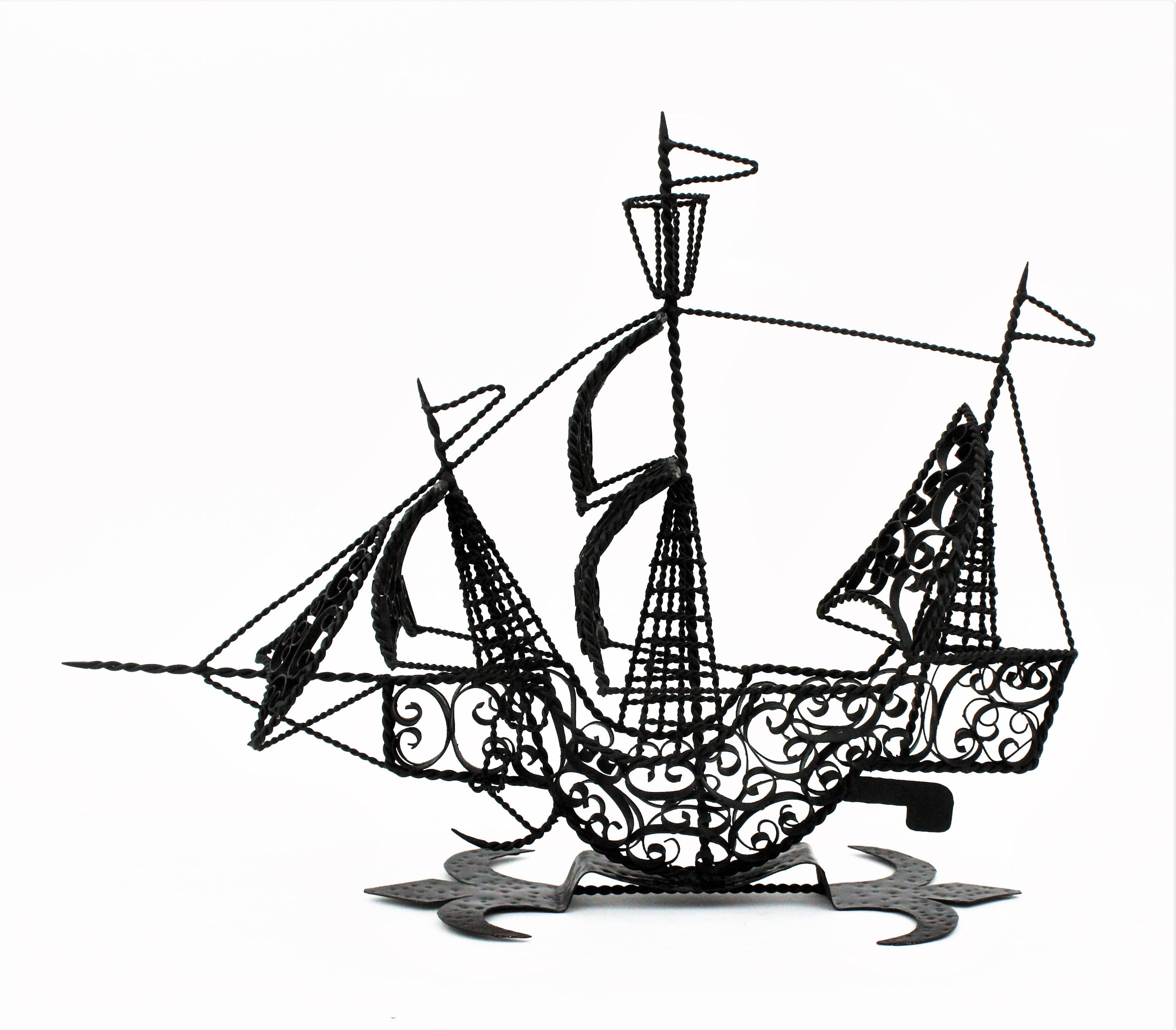Spanish Scrollwork Iron Galleon / Sailing Ship Sculpture In Good Condition For Sale In Barcelona, ES