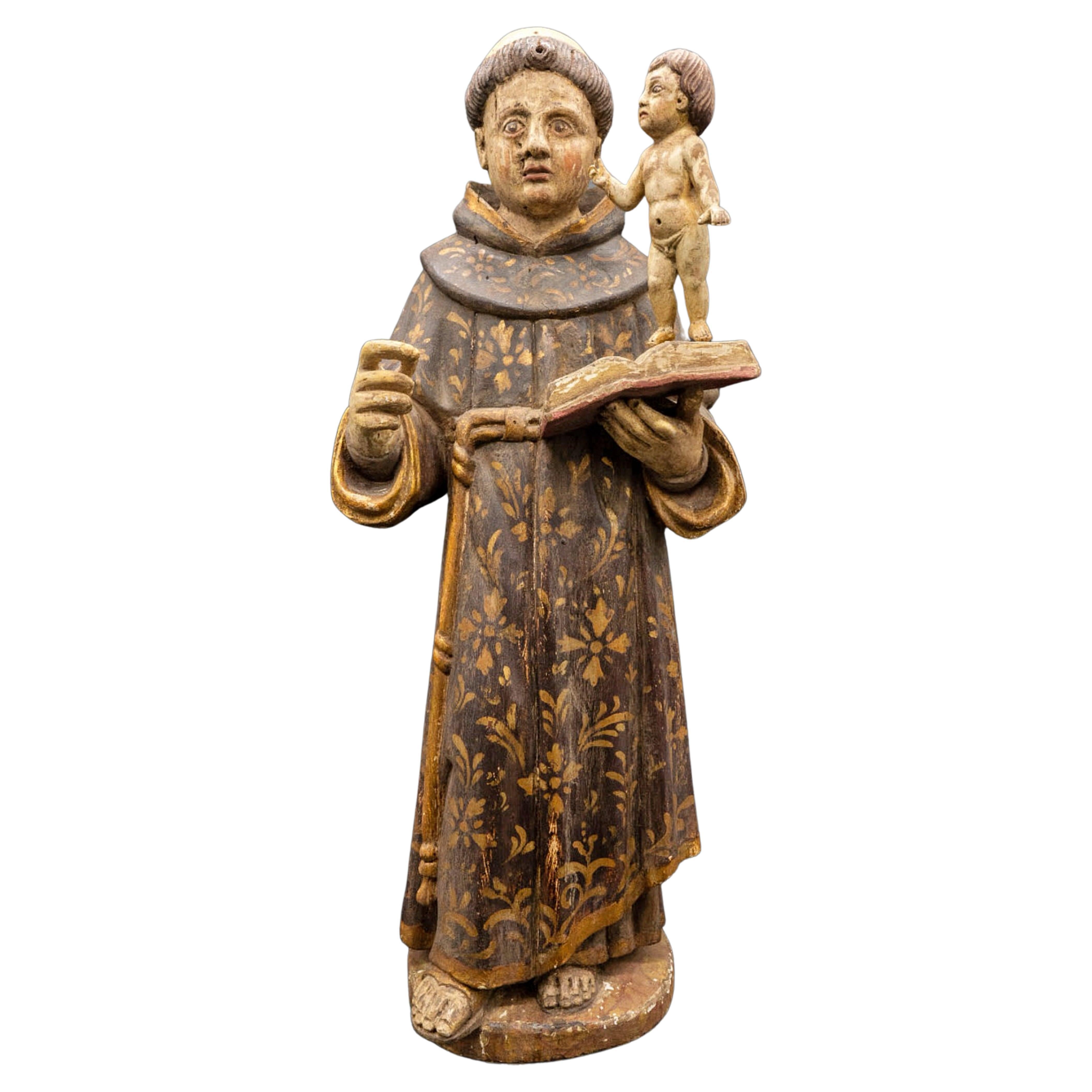 Spanische Skulptur des 17. Jahrhunderts „Saint Antony und das Kind Jesus“