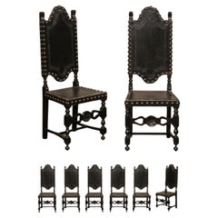 Spanish Set of 8 Baroque Style Tooled Leather & Carved Wood Side Chairs