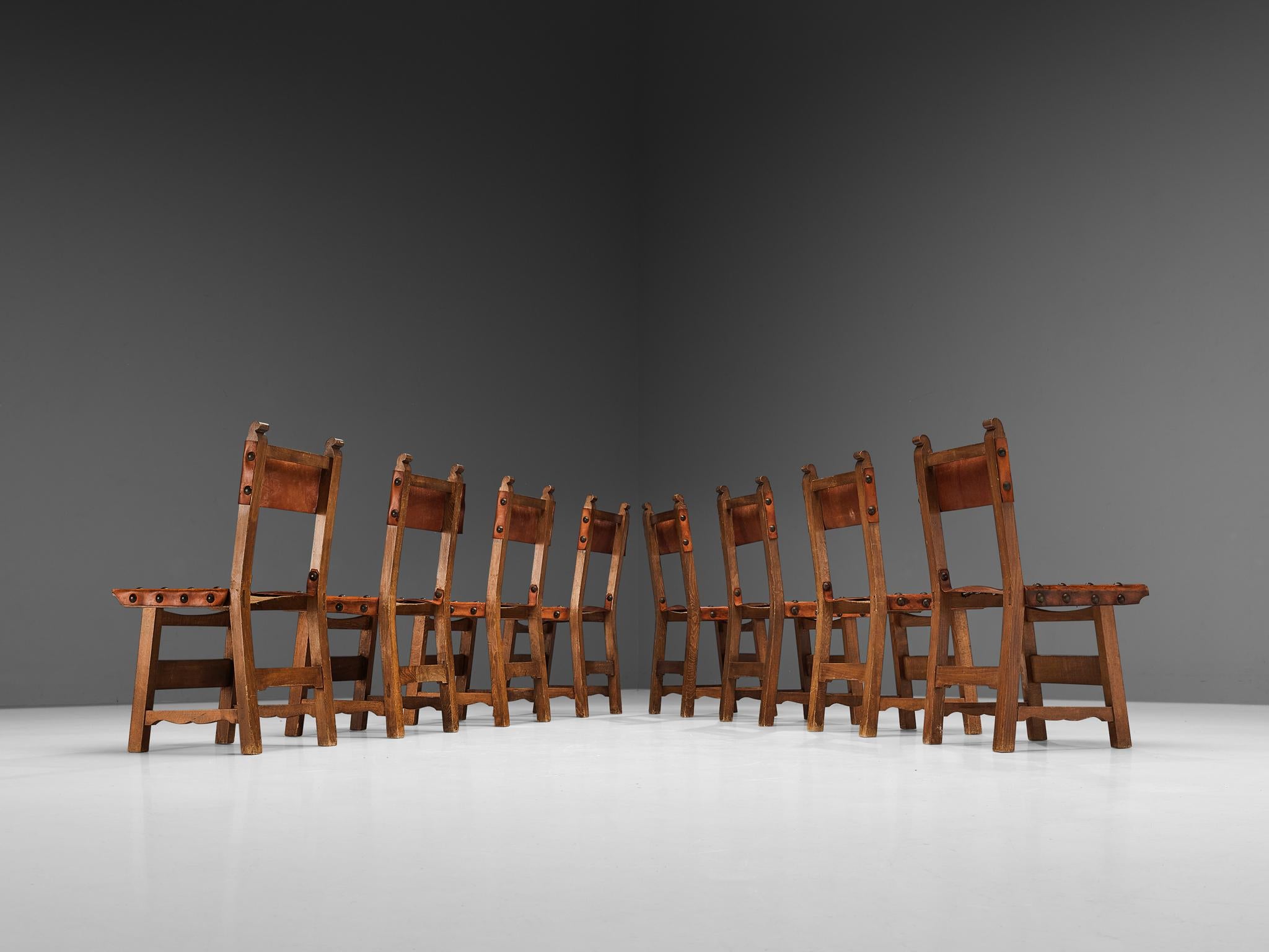 Metal Spanish Set of Eight Dining Chairs in Oak and Patinated Cognac Leather