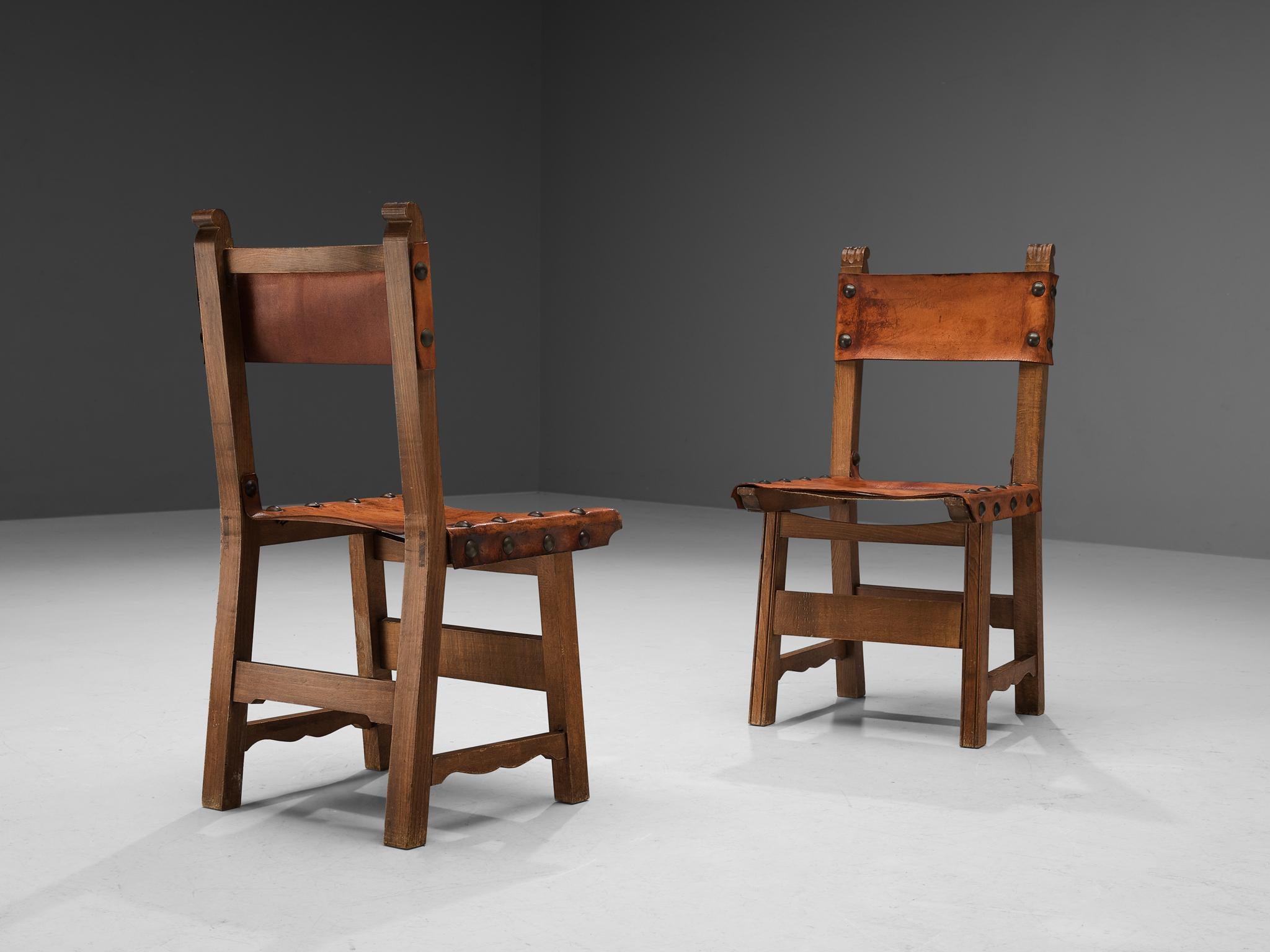 Spanish Set of Eight Dining Chairs in Oak and Patinated Cognac Leather 1