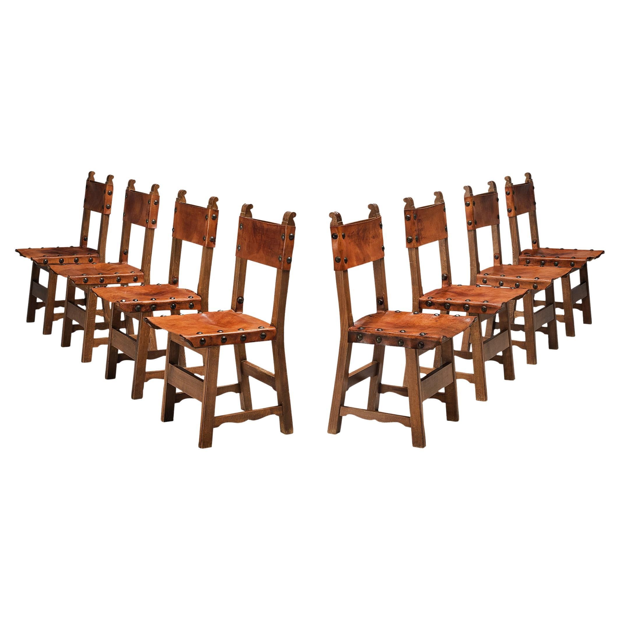 Spanish Set of Eight Dining Chairs in Oak and Patinated Cognac Leather