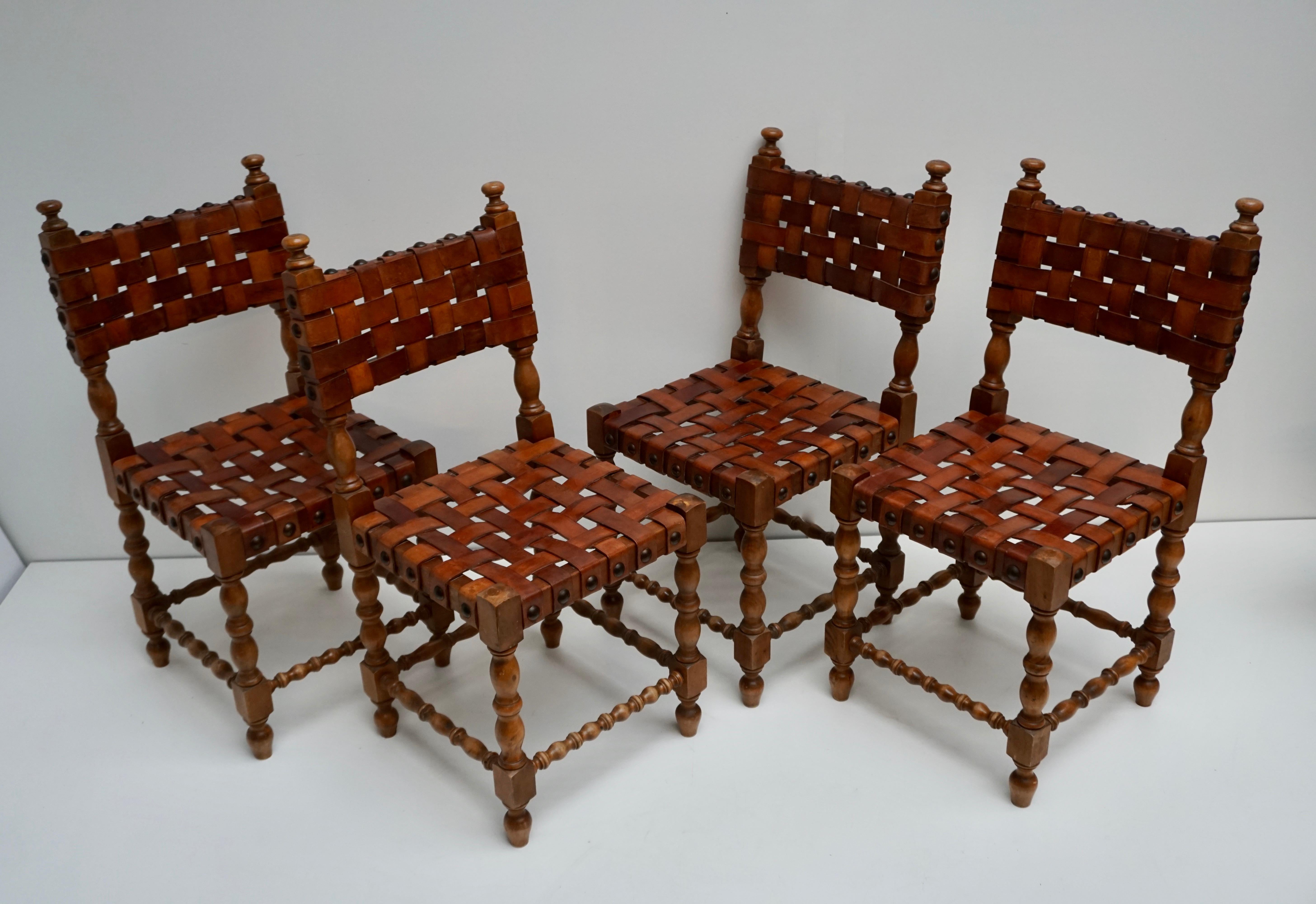 1970s Spanish set of eight interlaced leather wooden chairs.