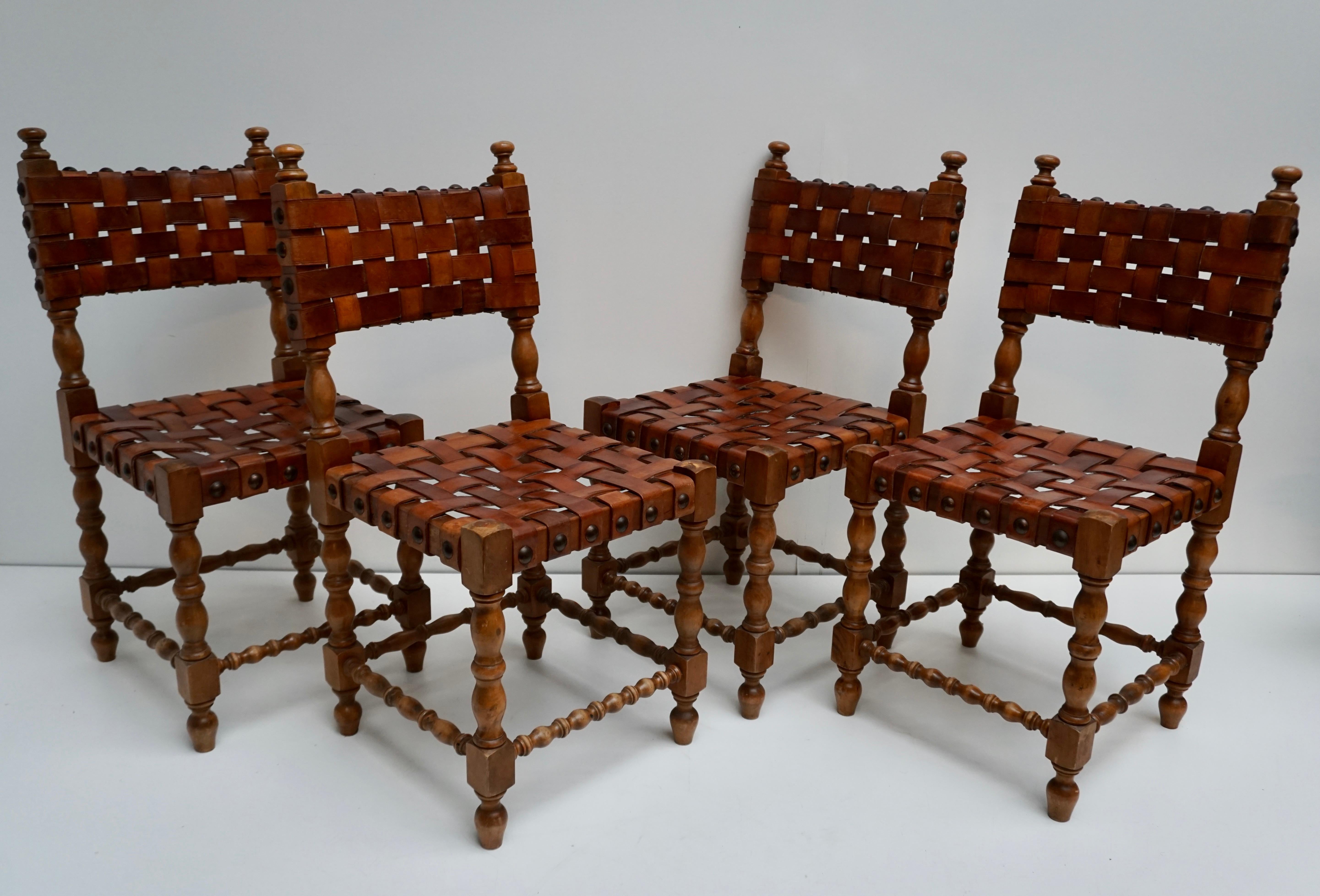 Mid-Century Modern Spanish Set of Four Interlaced Leather Wooden Chairs For Sale