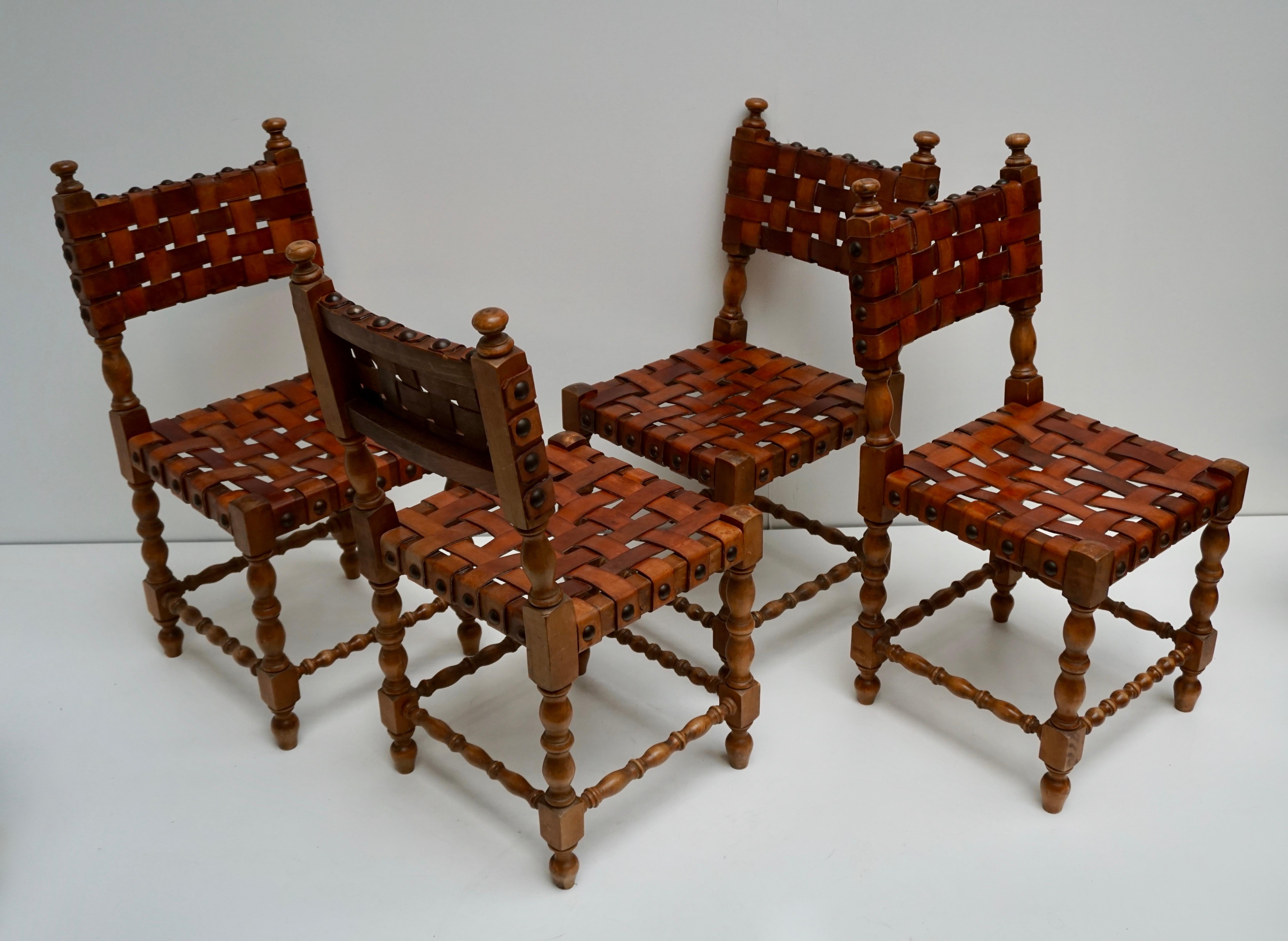Spanish Set of Four Interlaced Leather Wooden Chairs 1
