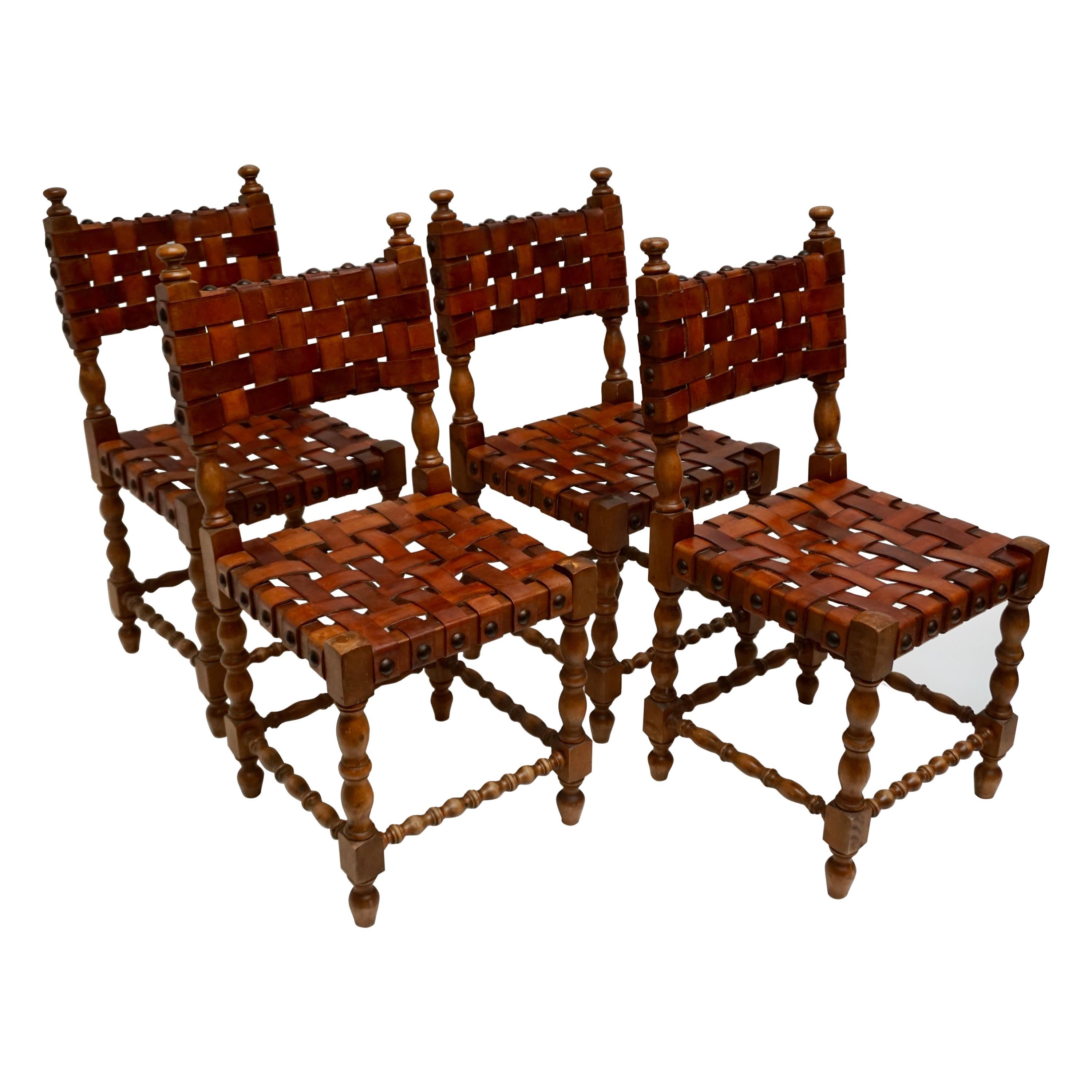 Spanish Set of Four Interlaced Leather Wooden Chairs For Sale