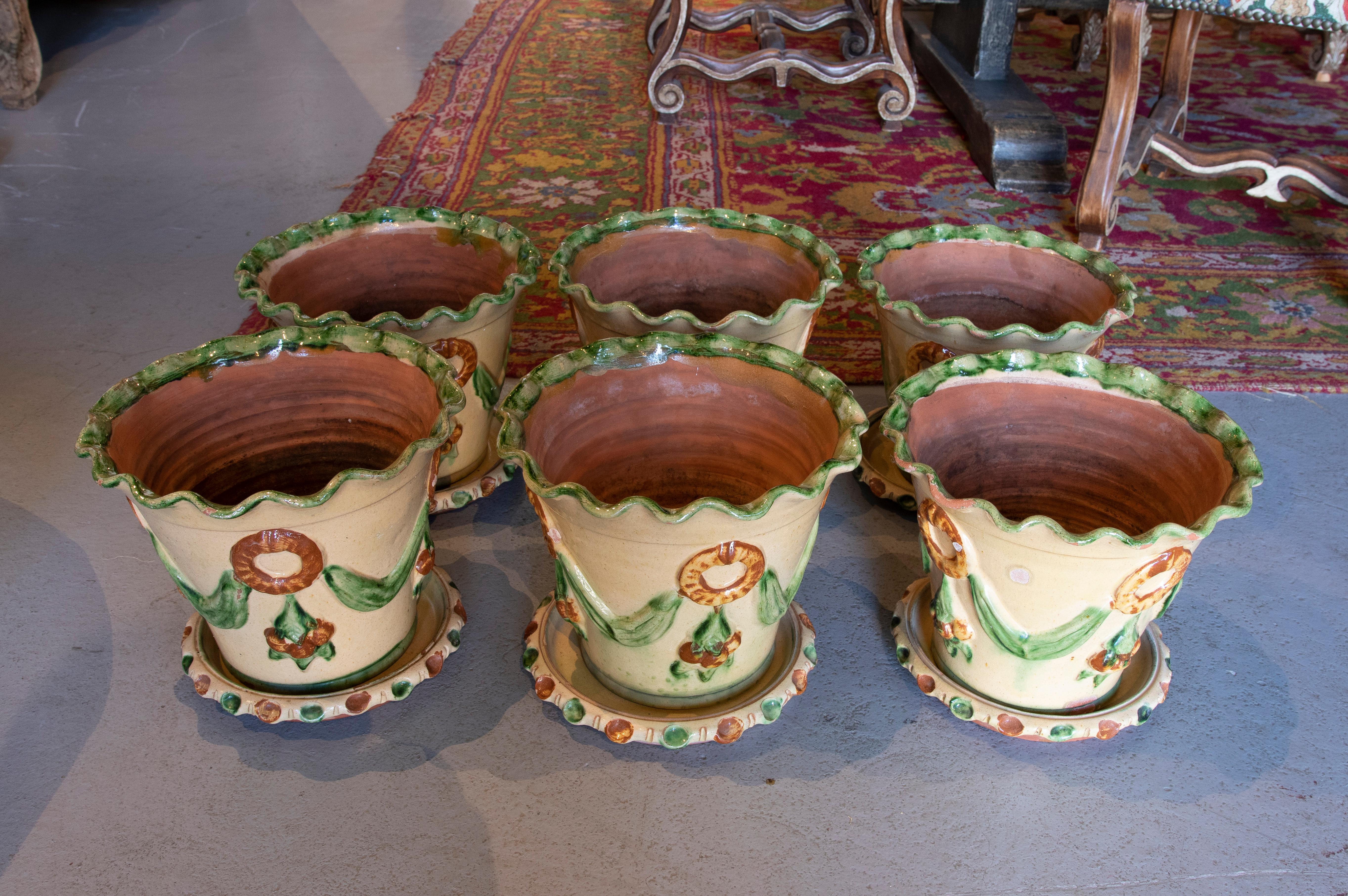Spanish set of six Andalusian ceramic pots glazed with plate.