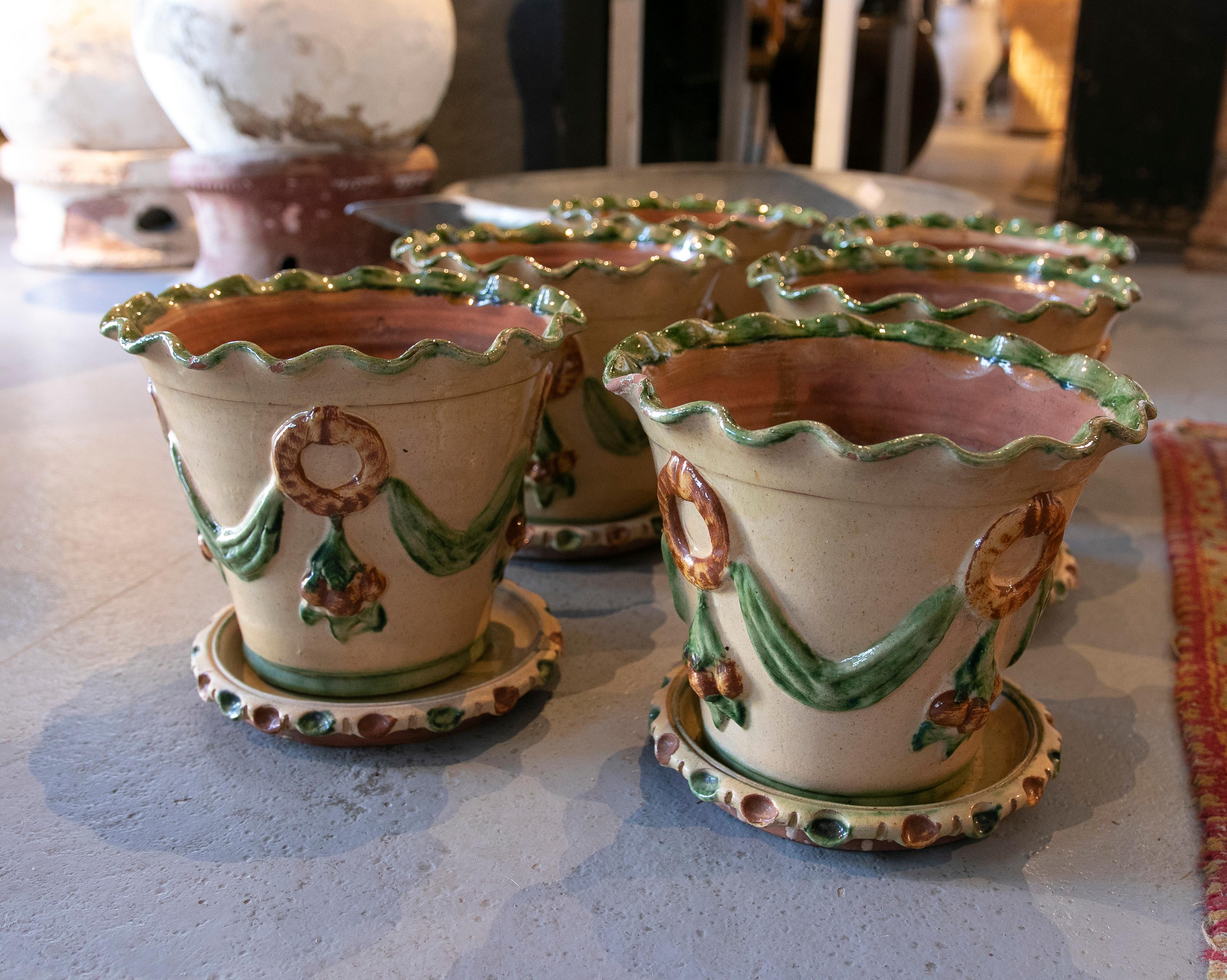 Spanish Set of Six Andalusian Ceramic Pots Glazed with Plate 1