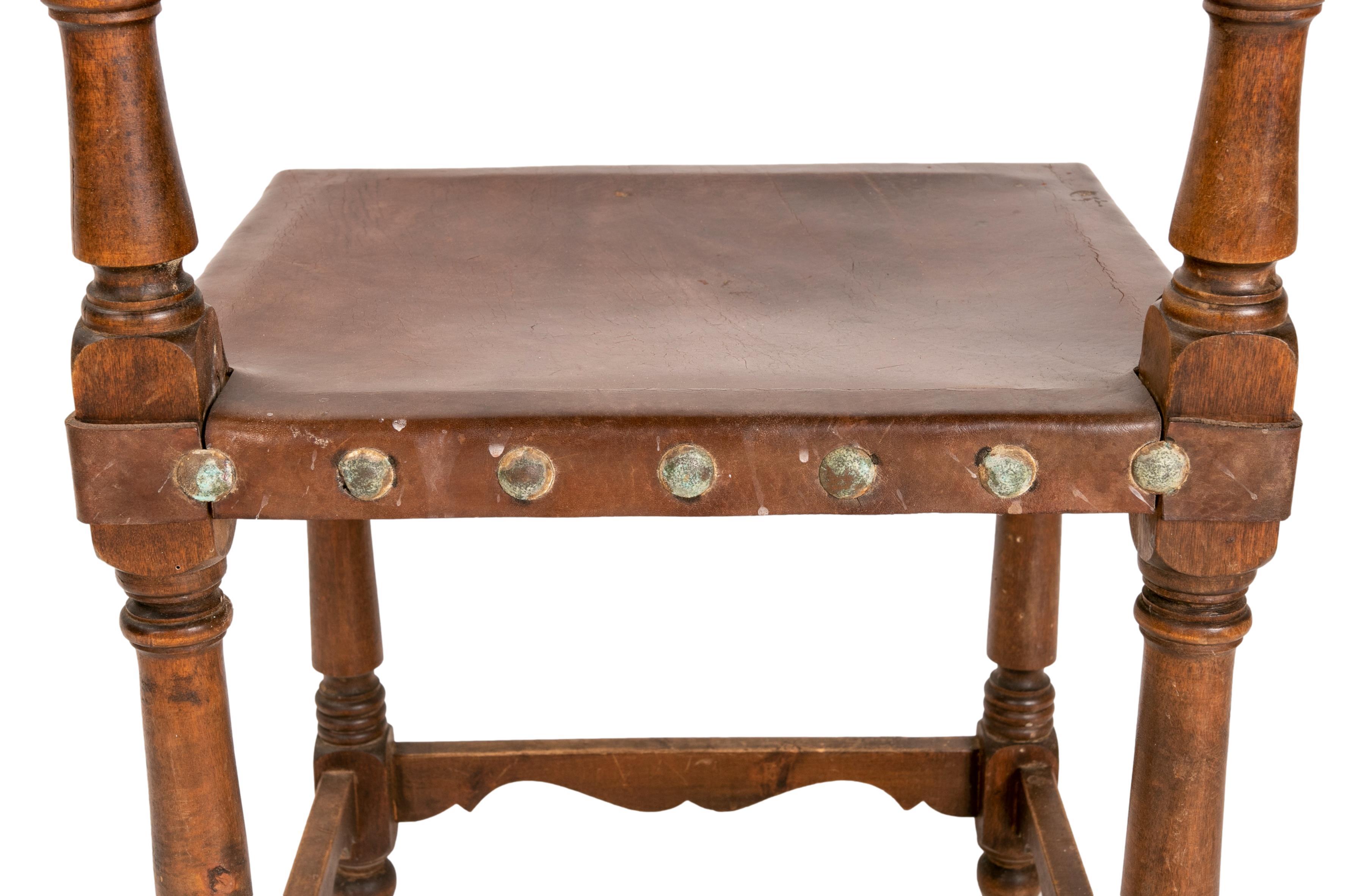 Spanish Set of Six Wooden and Leather Chairs with Studs For Sale 11