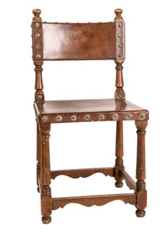 Spanish Set of Six Wooden and Leather Chairs with Studs