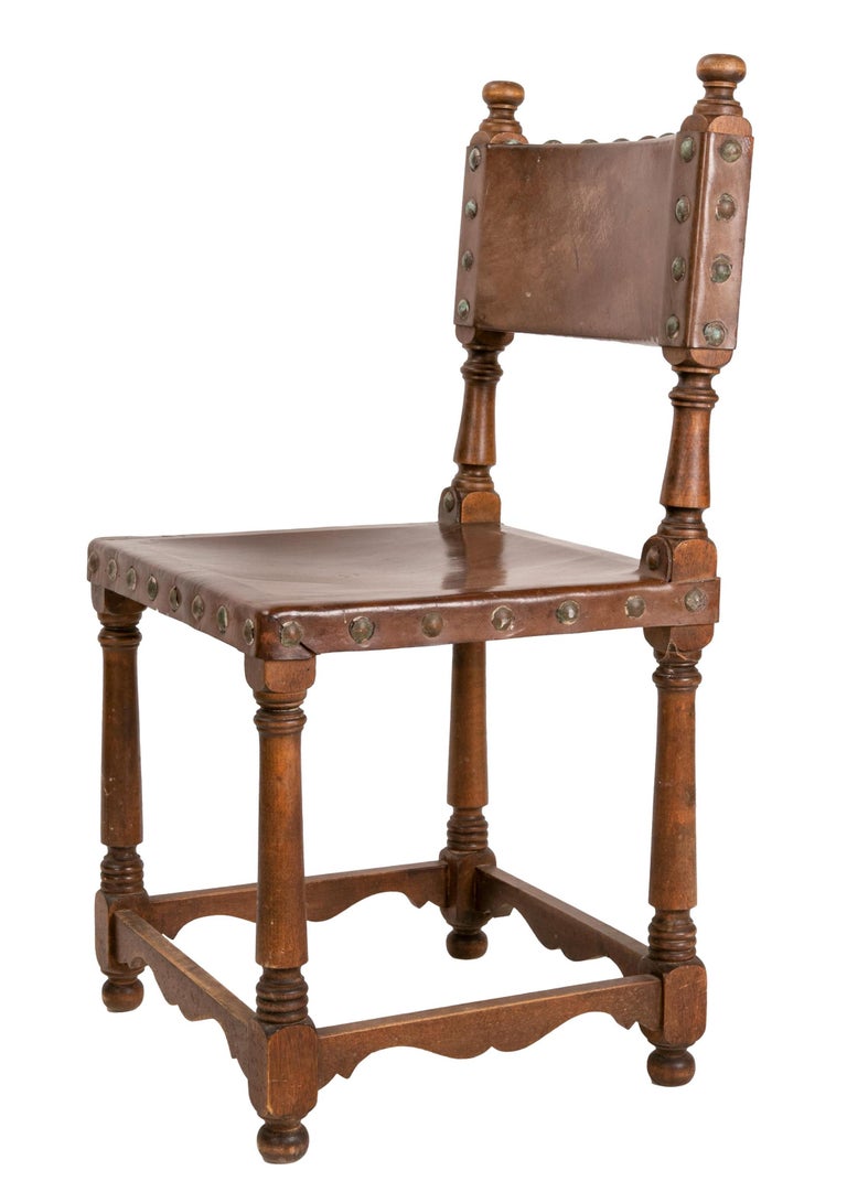 Spanish Set of Six Wooden and Leather Chairs with Studs For Sale at 1stDibs
