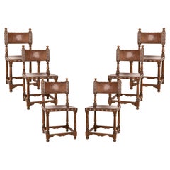 Spanish Set of Six Wooden and Leather Chairs with Studs
