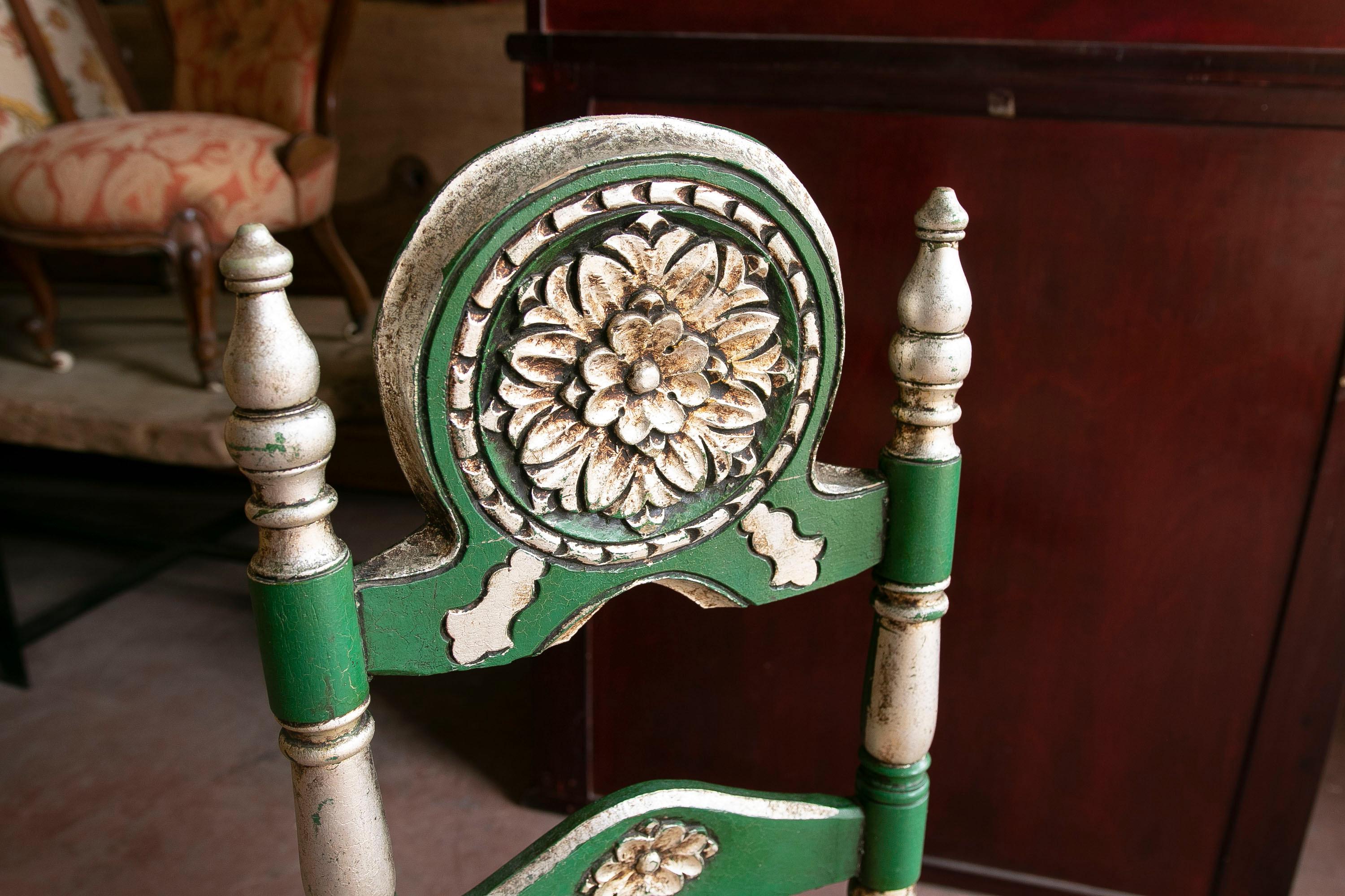Spanish Set of Six wooden-Carved Chairs Painted in Green Colour For Sale 5