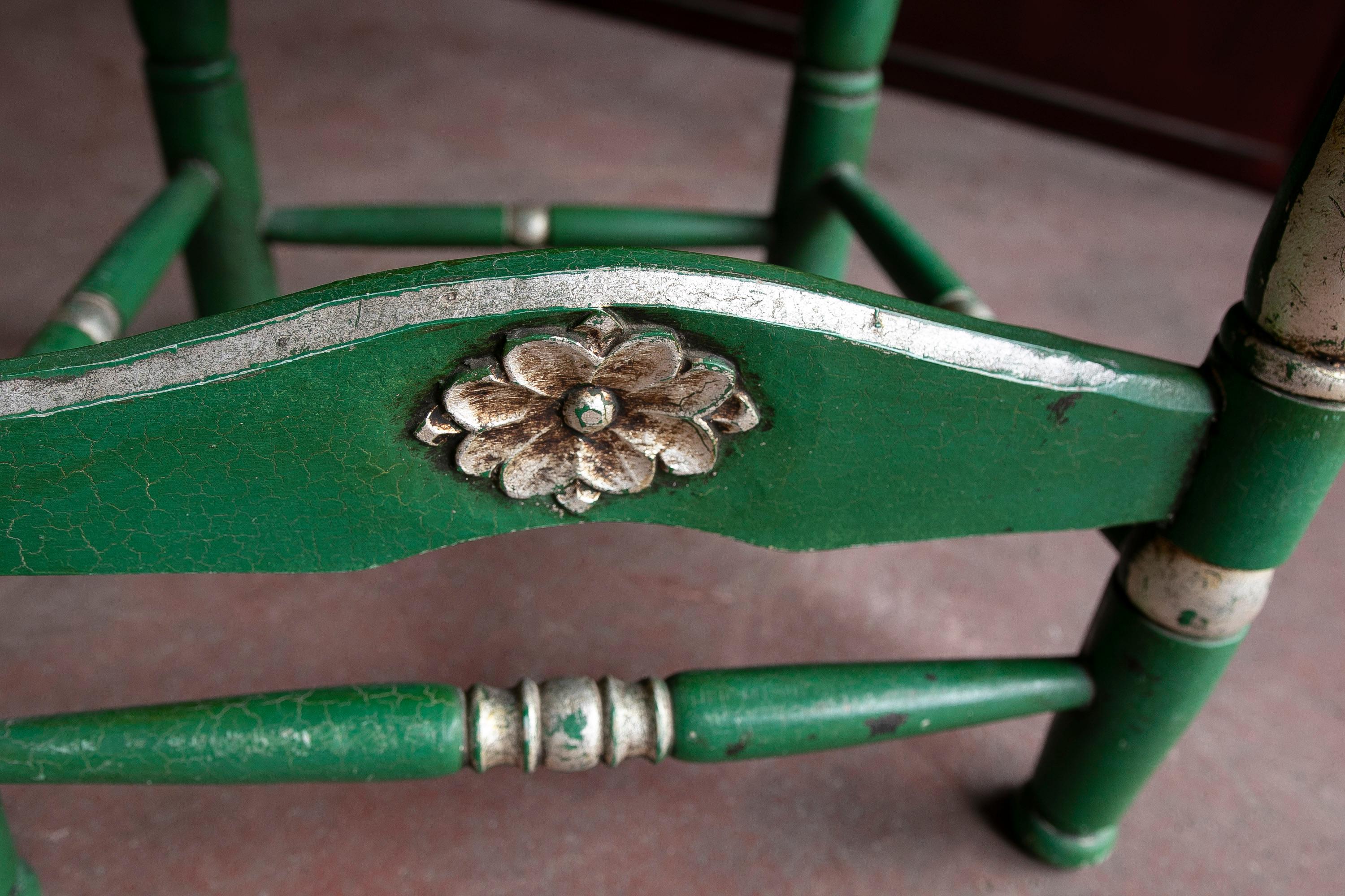 Spanish Set of Six wooden-Carved Chairs Painted in Green Colour For Sale 14
