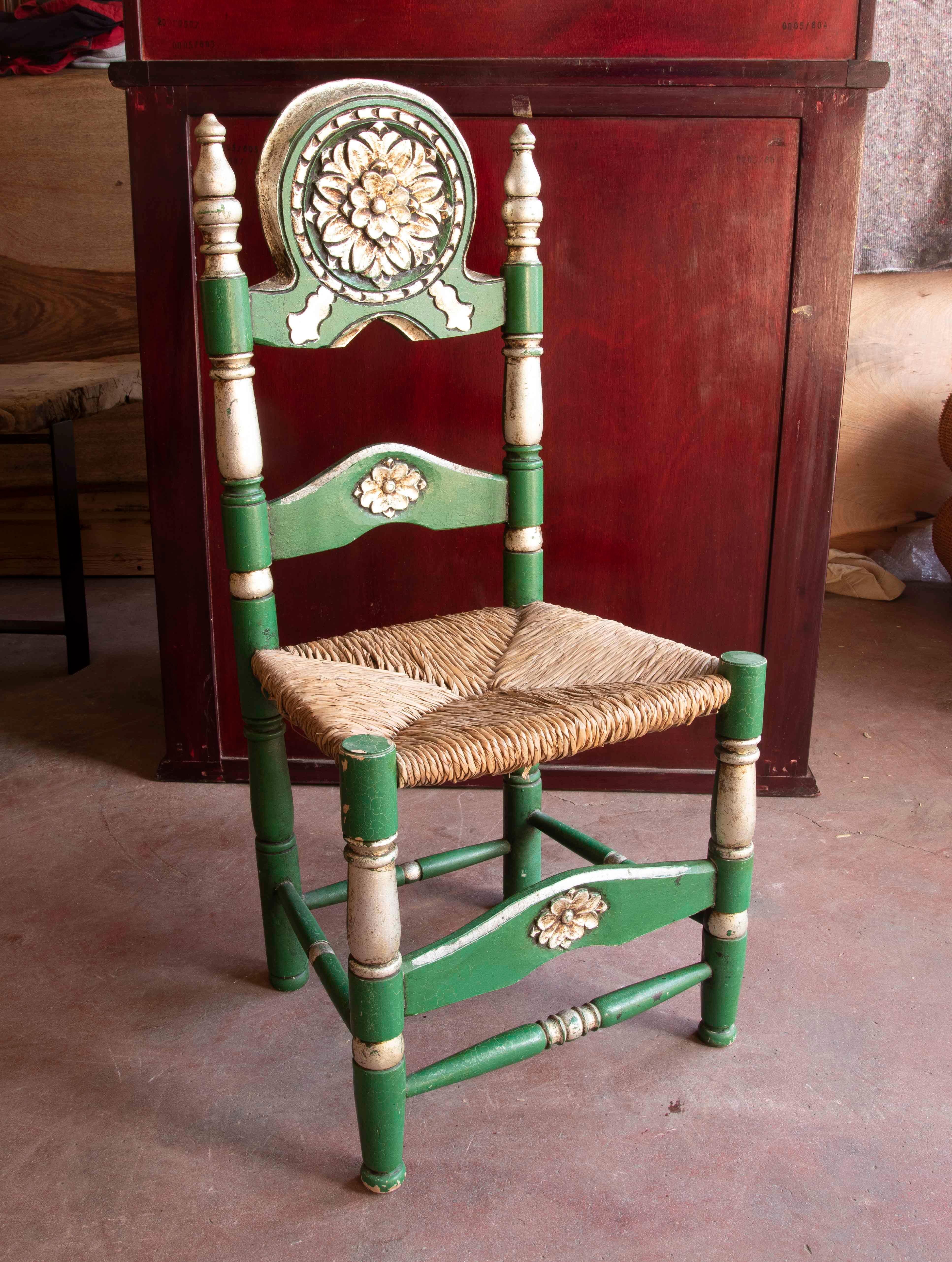 Hand-Painted Spanish Set of Six wooden-Carved Chairs Painted in Green Colour For Sale