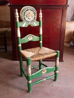 Spanish Set of Six wooden-Carved Chairs Painted in Green Colour