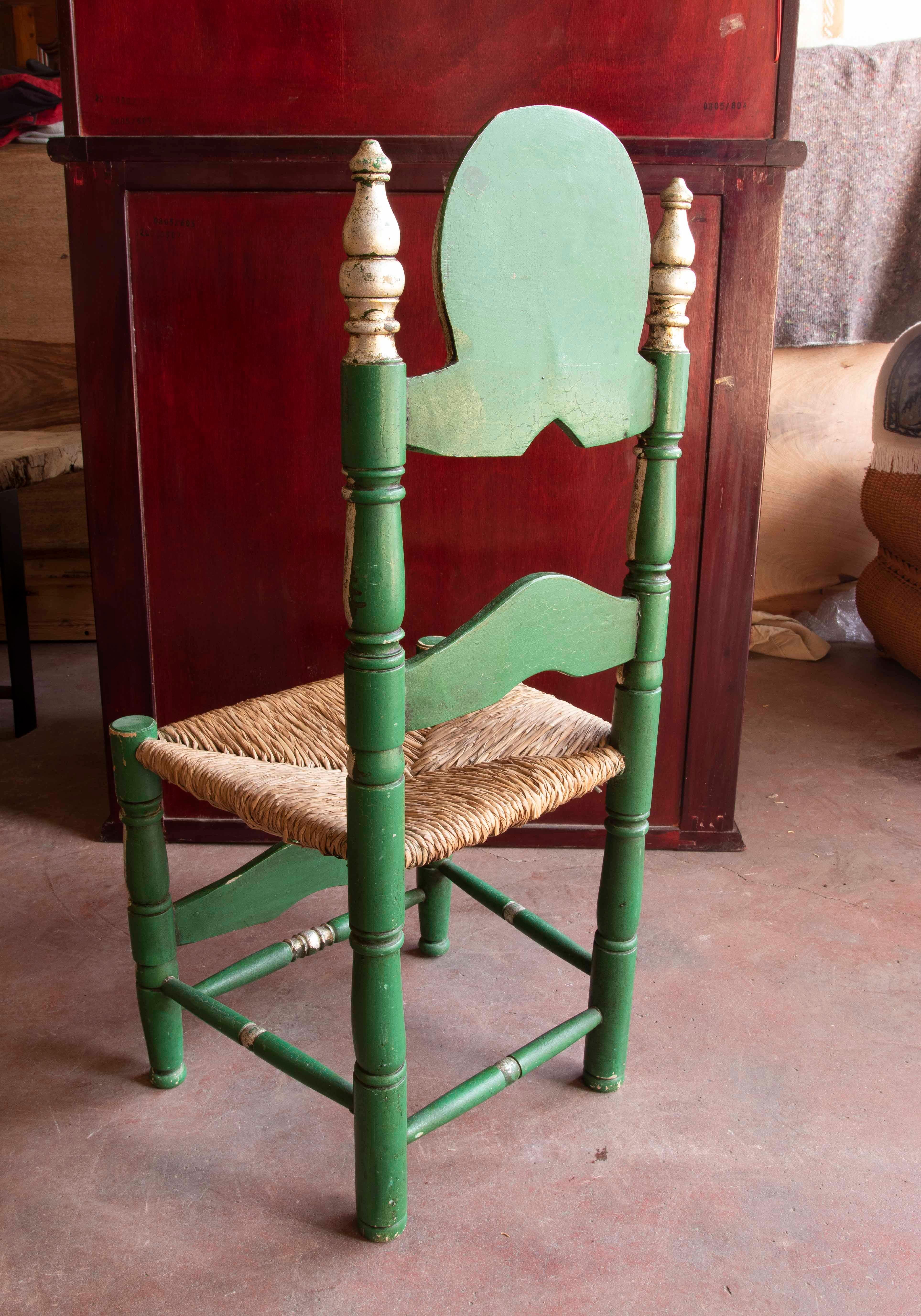 Wood Spanish Set of Six wooden-Carved Chairs Painted in Green Colour For Sale