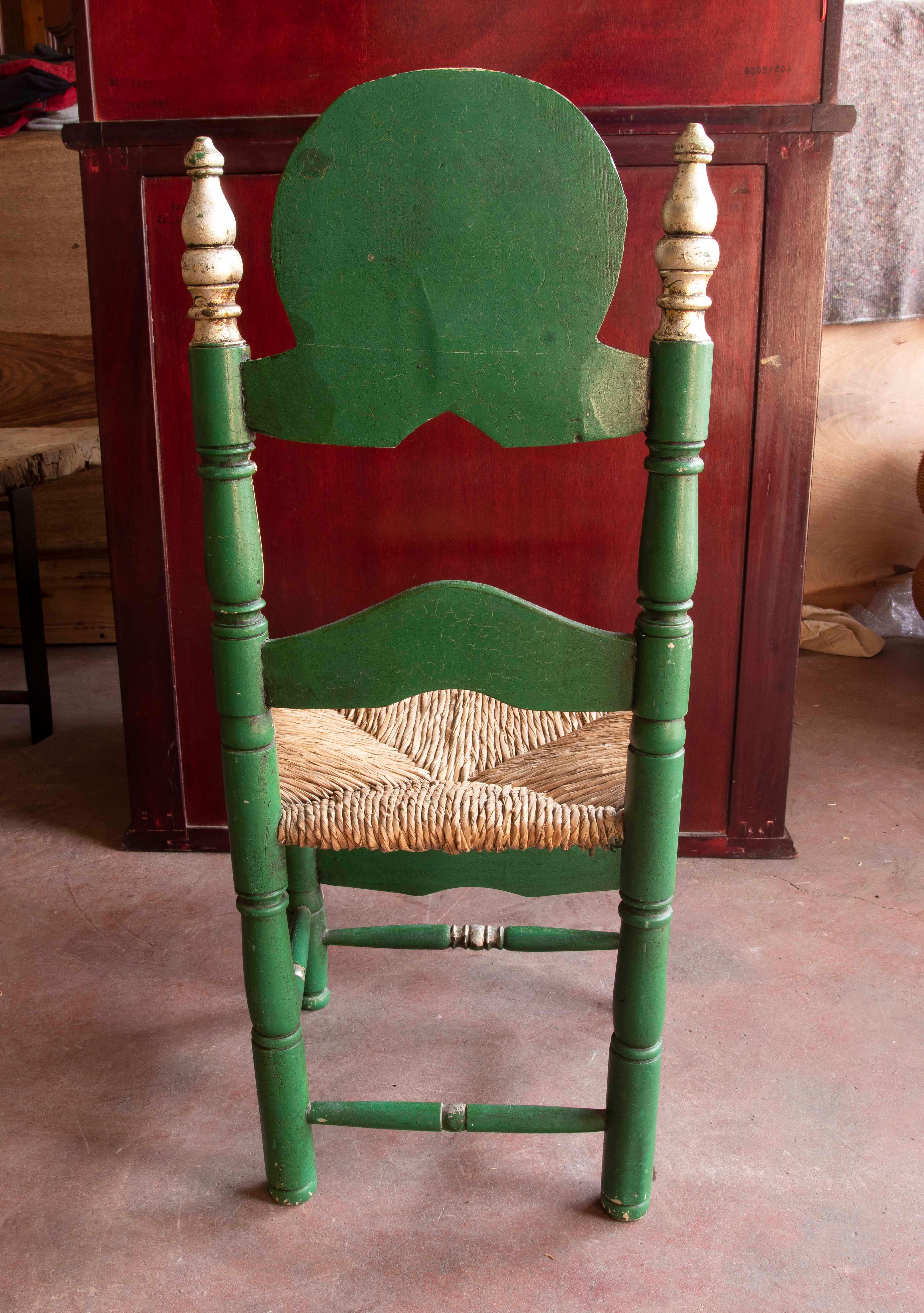 Spanish Set of Six wooden-Carved Chairs Painted in Green Colour For Sale 1