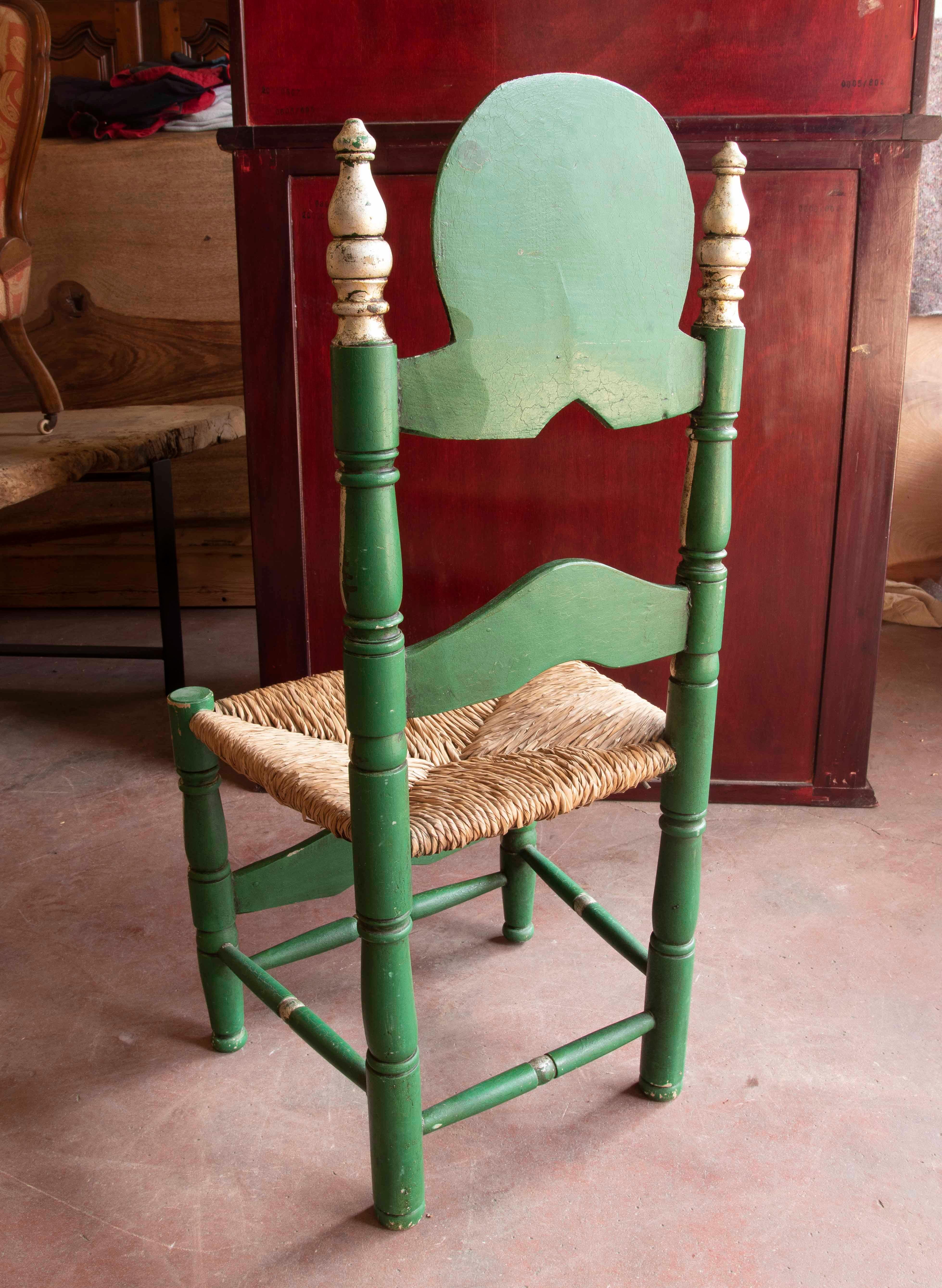 Spanish Set of Six wooden-Carved Chairs Painted in Green Colour For Sale 3