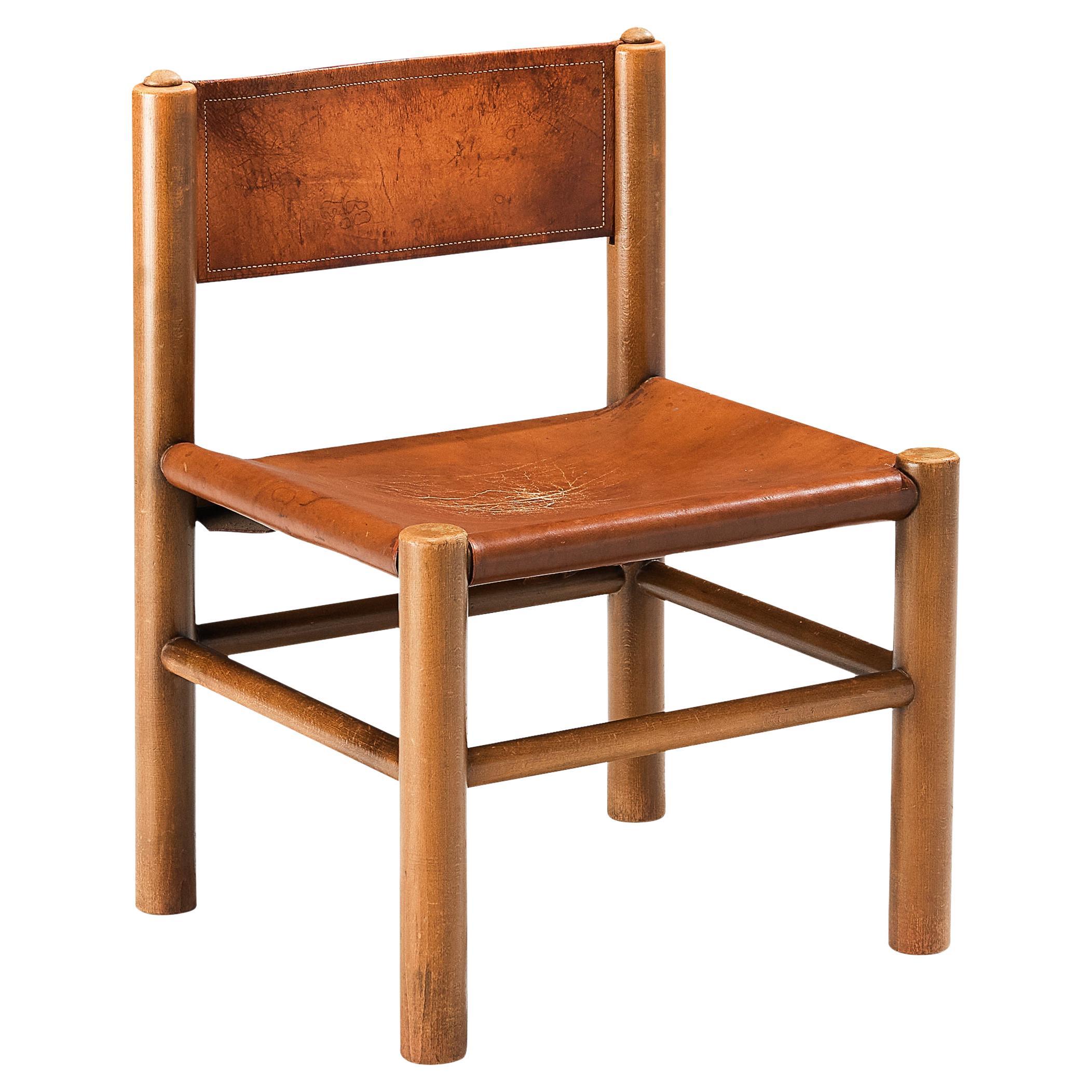 Spanish Side Chair in Cognac Brown Leather and Stained Wood