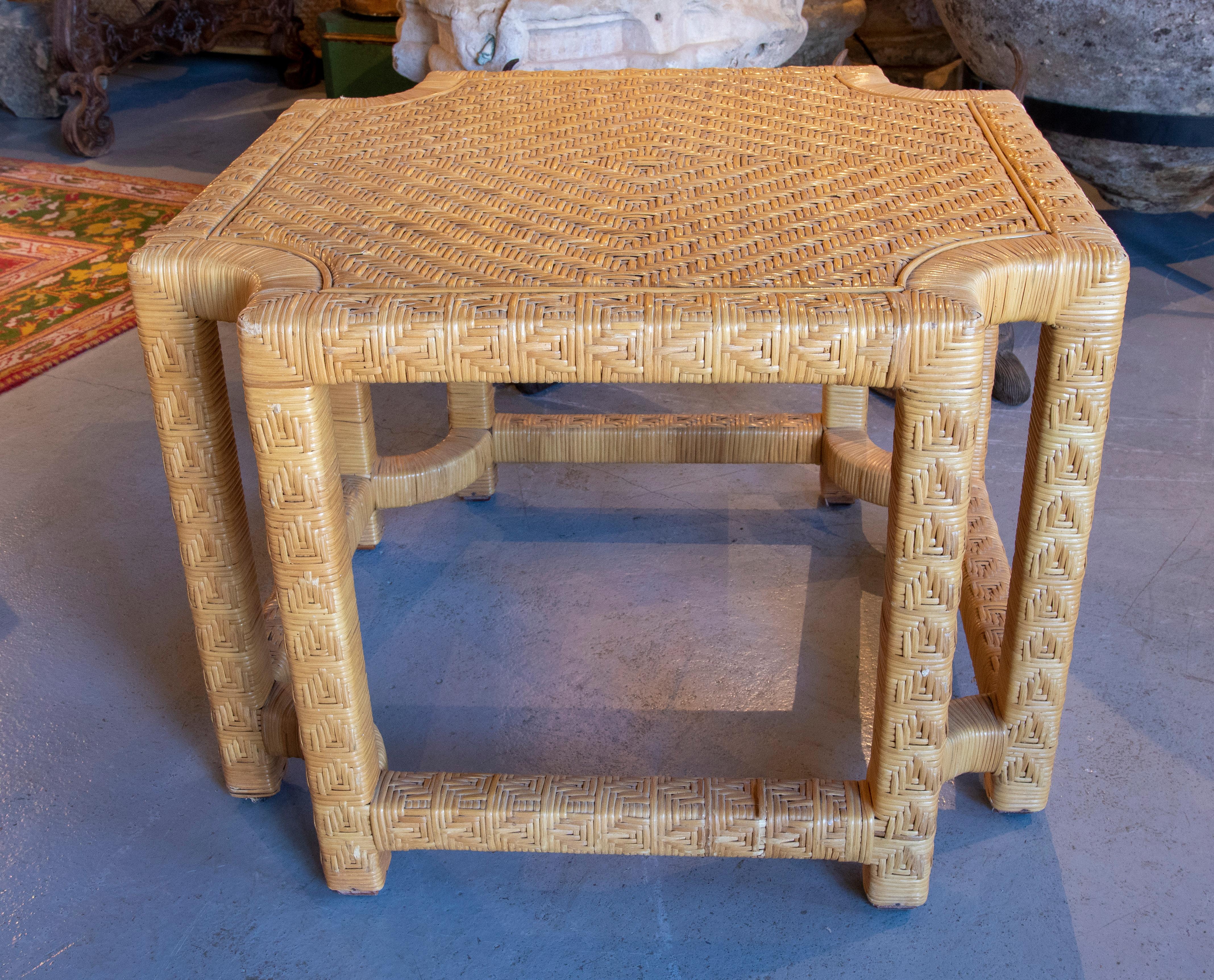 Spanish side table with wooden frame covered with Hand-Sewn Wicker.