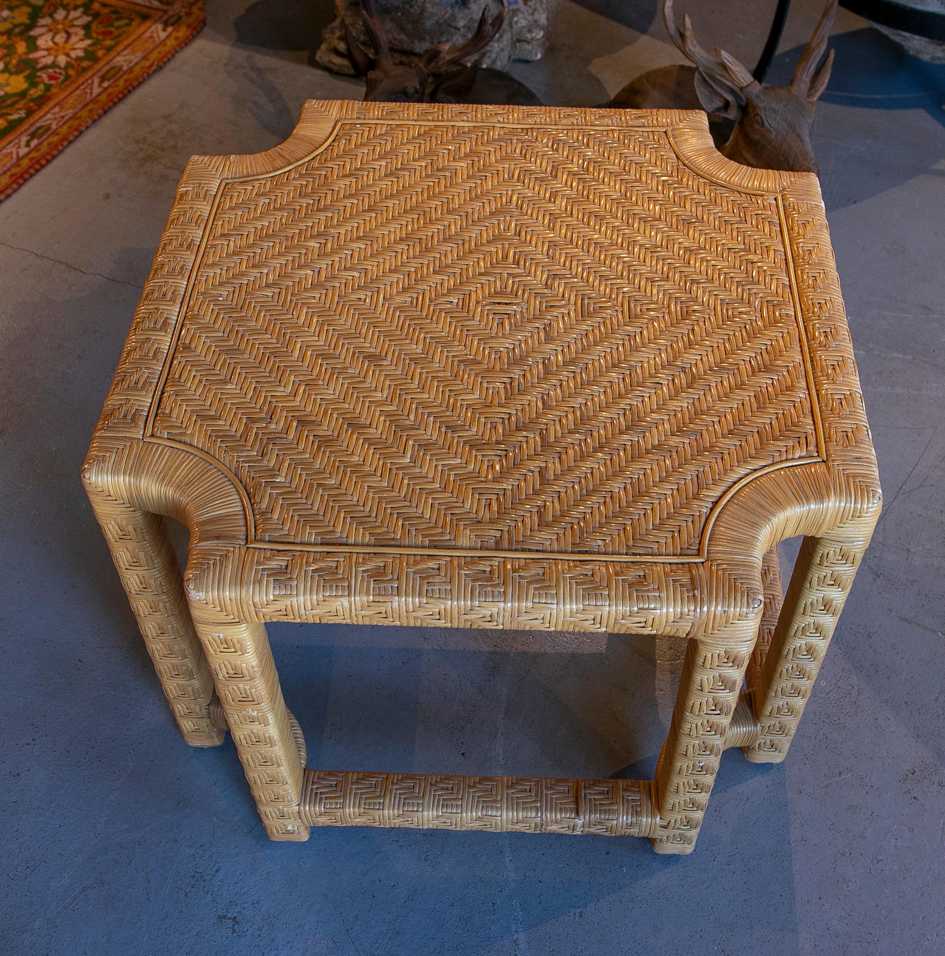 20th Century Spanish Side Table with Wooden Frame Covered with Hand-Sewn Wicker For Sale