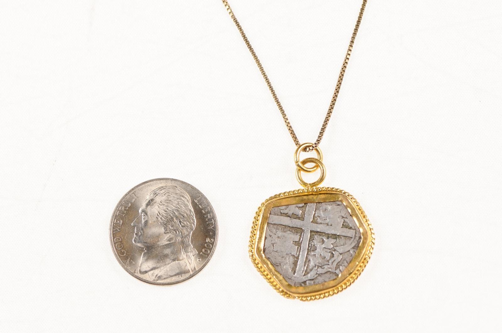 Spanish Silver Cob Coin in 22k Pendant (pendant only) In Excellent Condition For Sale In Atlanta, GA