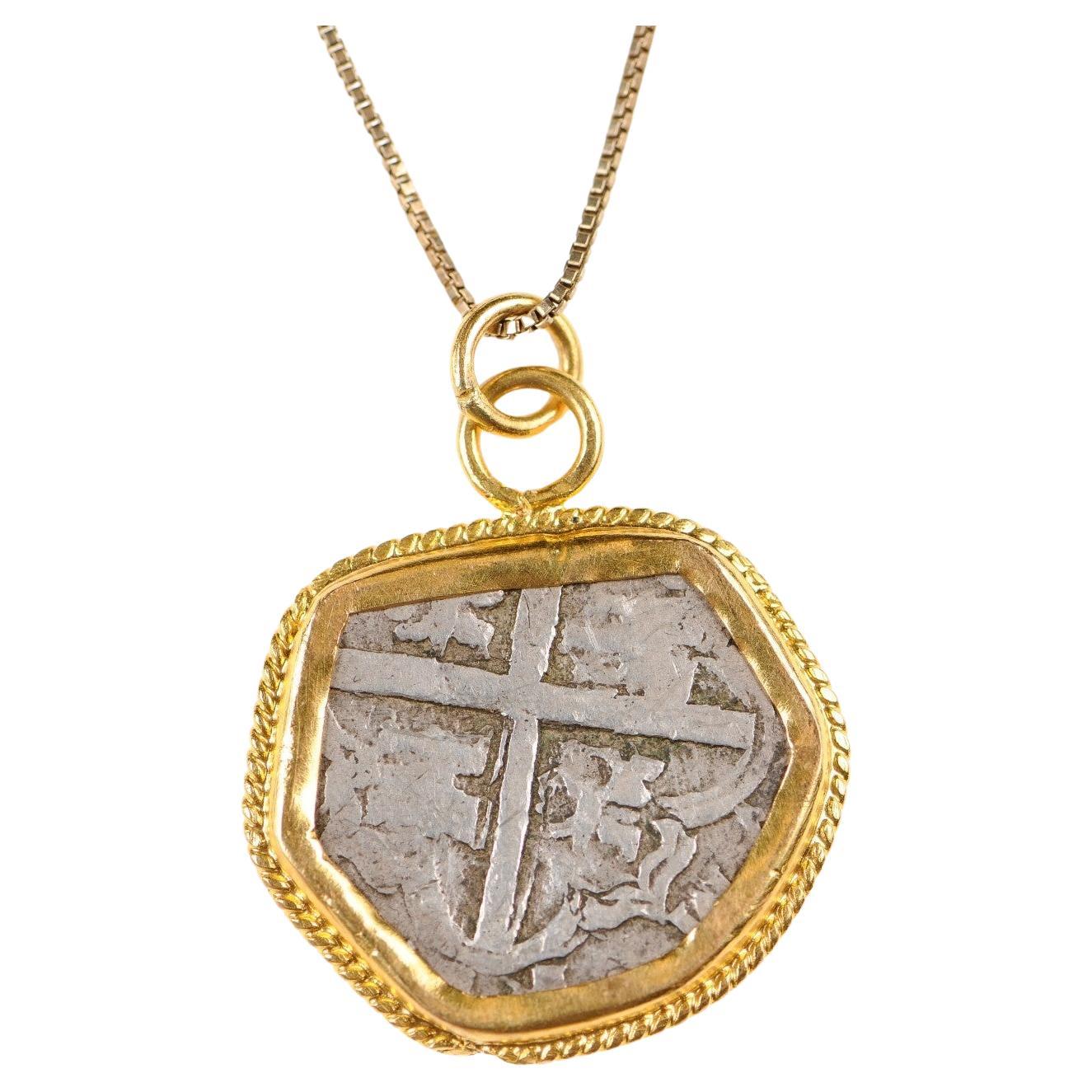 Spanish Silver Cob Coin in 22k Pendant (pendant only) For Sale