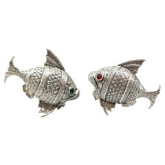 Solid Silver Fish Salt & Pepper Shakers with Original Glass Eyes, Spain, c. 1930