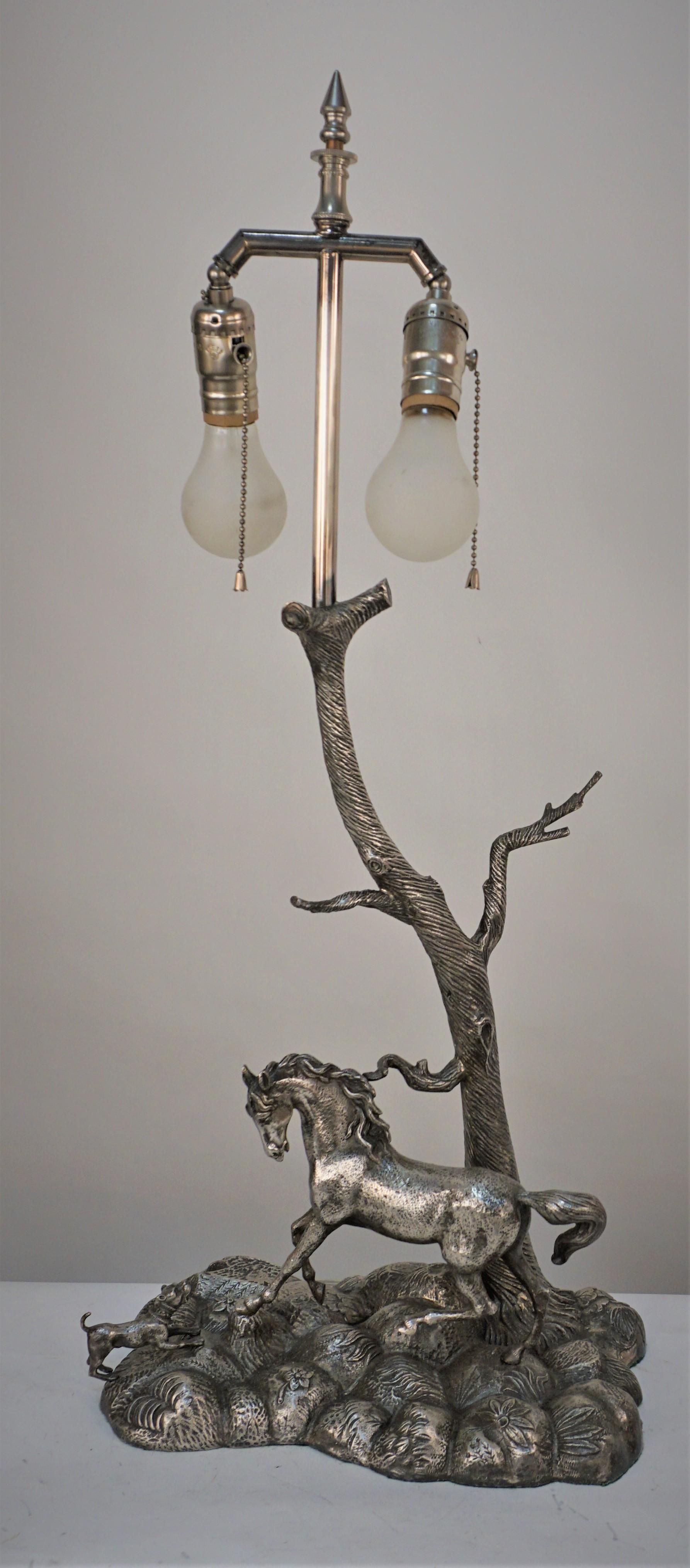 Mid-20th Century Spanish Silver on Bronze Horse Sculpture Table Lamp