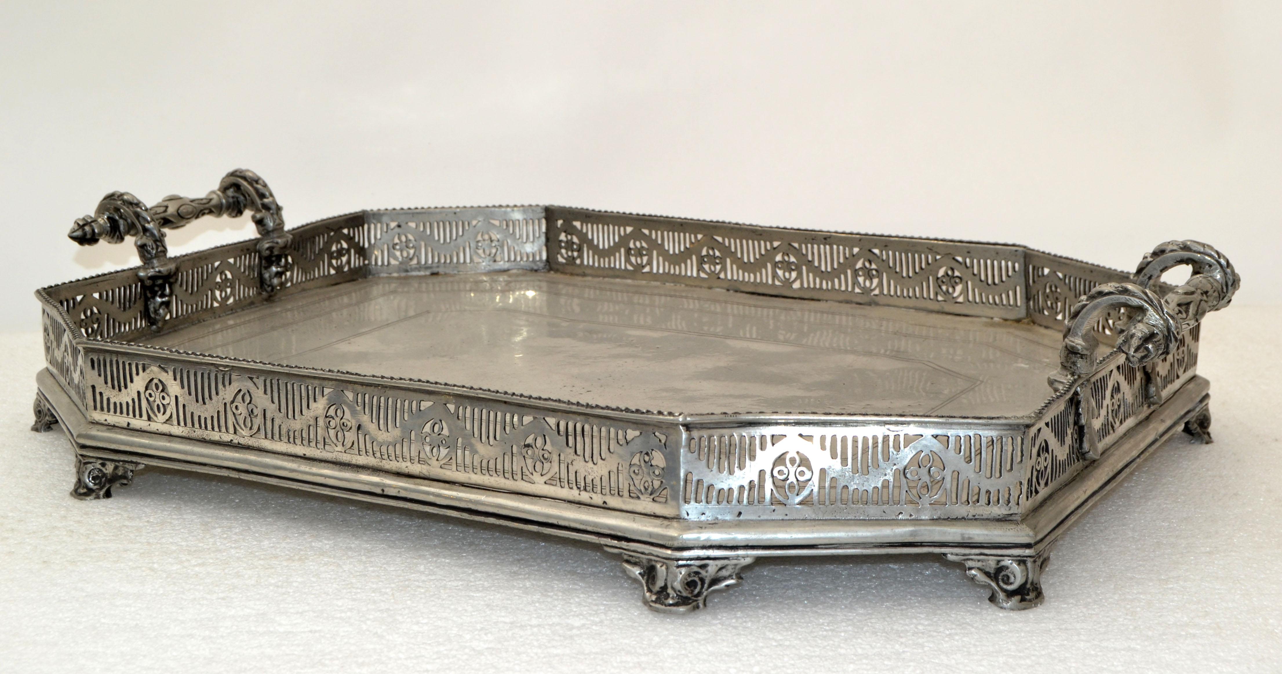 Vintage Spanish Gregorian style footed silver serving tray, platter with ornate handles. 
It is in original vintage condition and has some stains and is tarnished.
Trademark at the base & Espana.
Measures inside tray: 21.5 x 15.63 inches.
