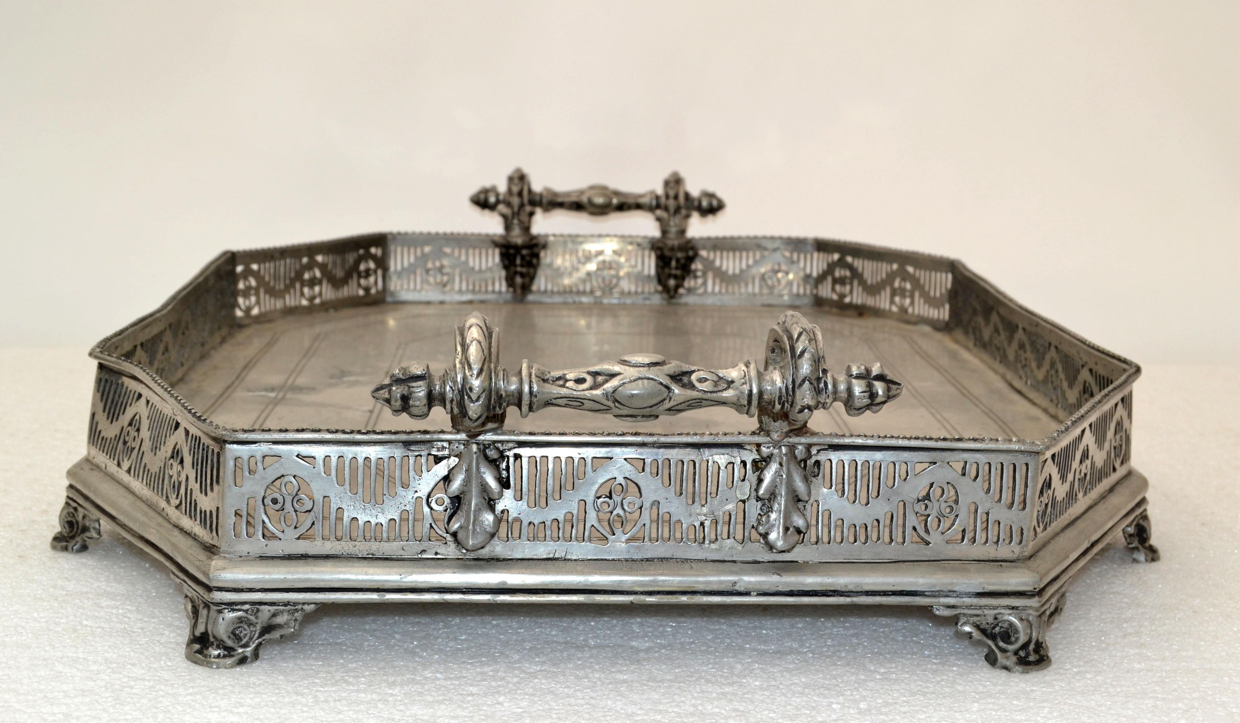 Georgian Spanish Silver Ornate Large Footed Serving Tray with Handles Trademark