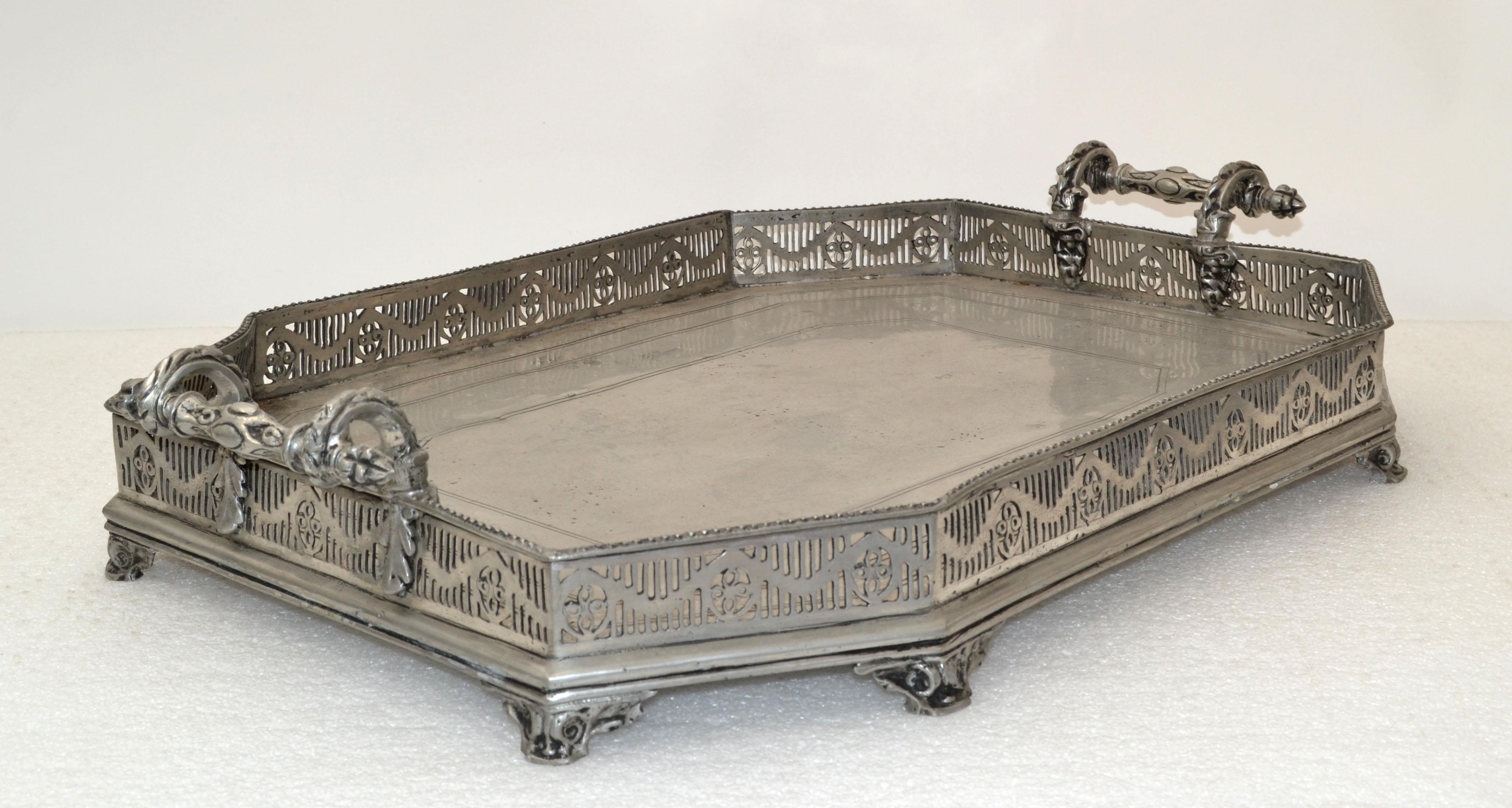 Mexican Spanish Silver Ornate Large Footed Serving Tray with Handles Trademark