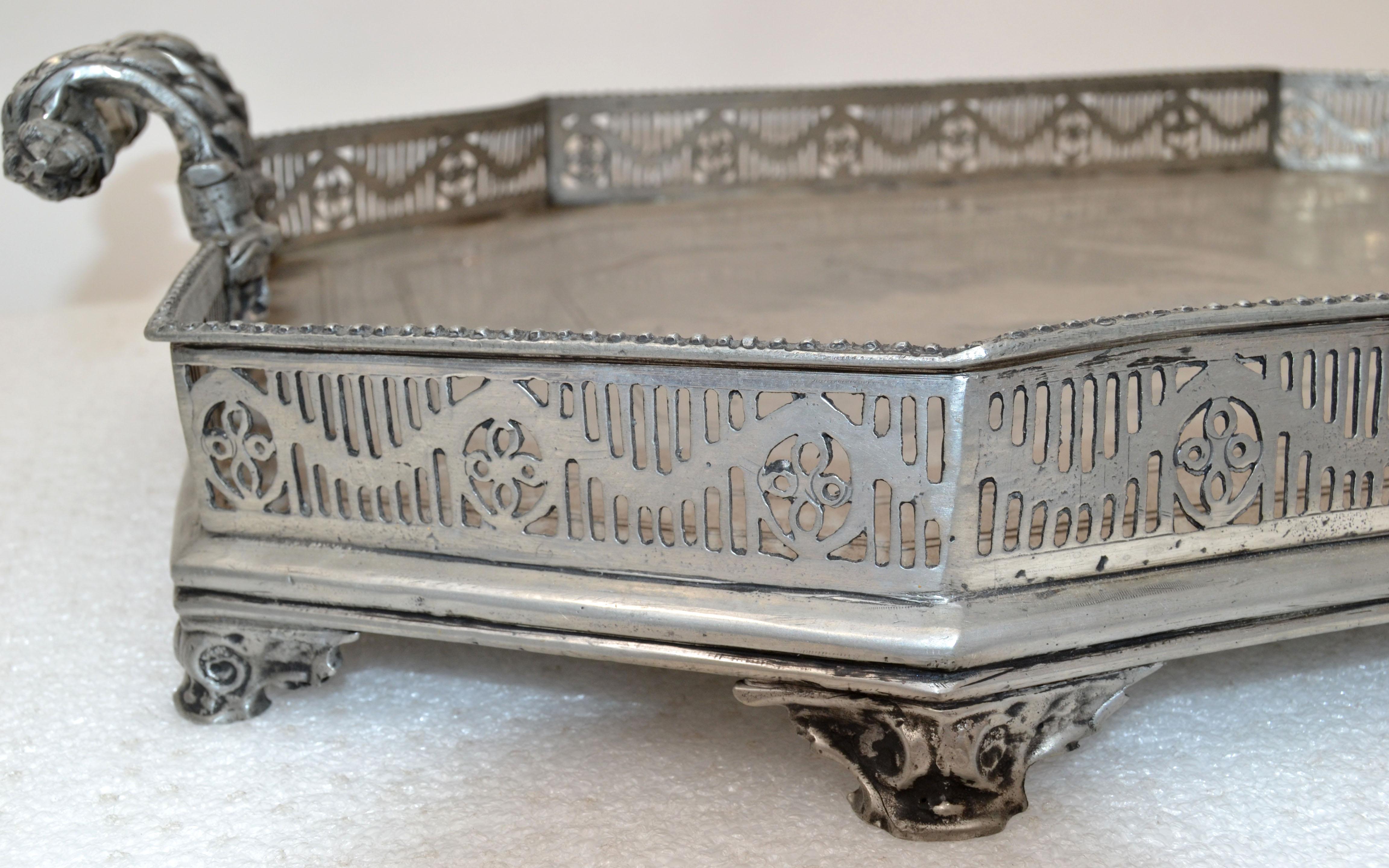 Hand-Crafted Spanish Silver Ornate Large Footed Serving Tray with Handles Trademark