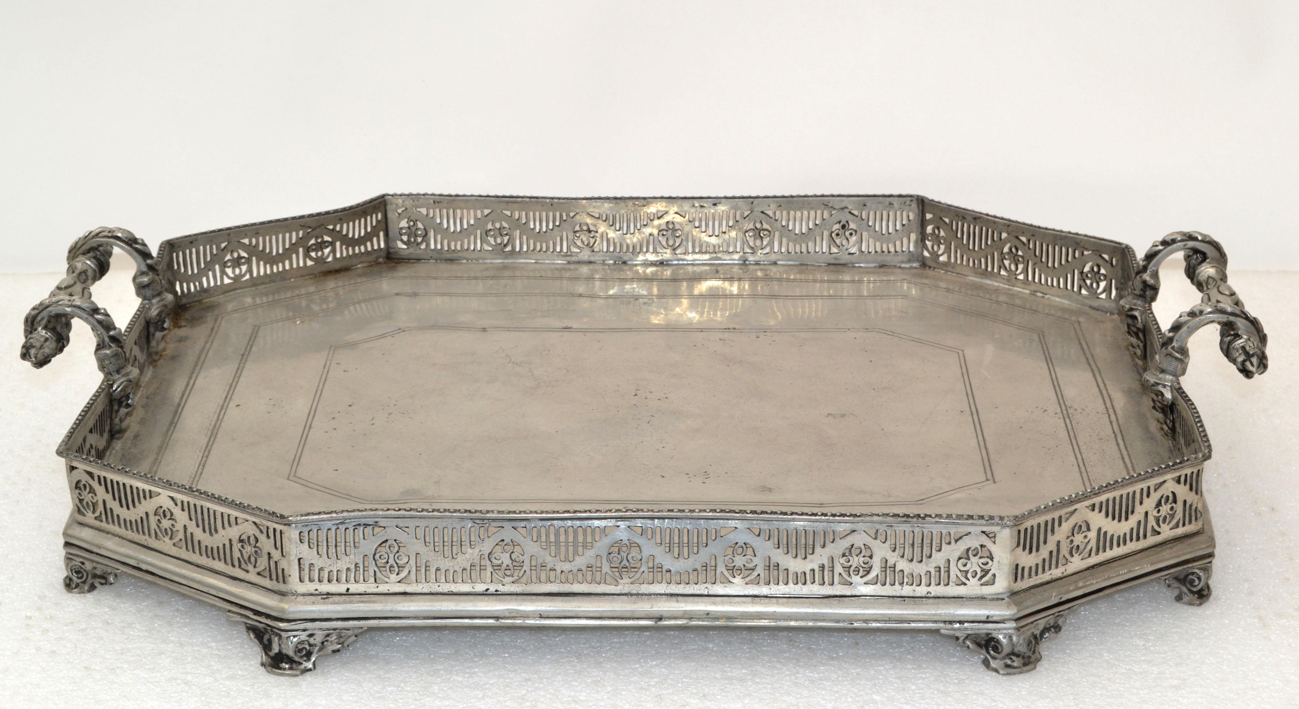 Spanish Silver Ornate Large Footed Serving Tray with Handles Trademark In Good Condition In Miami, FL
